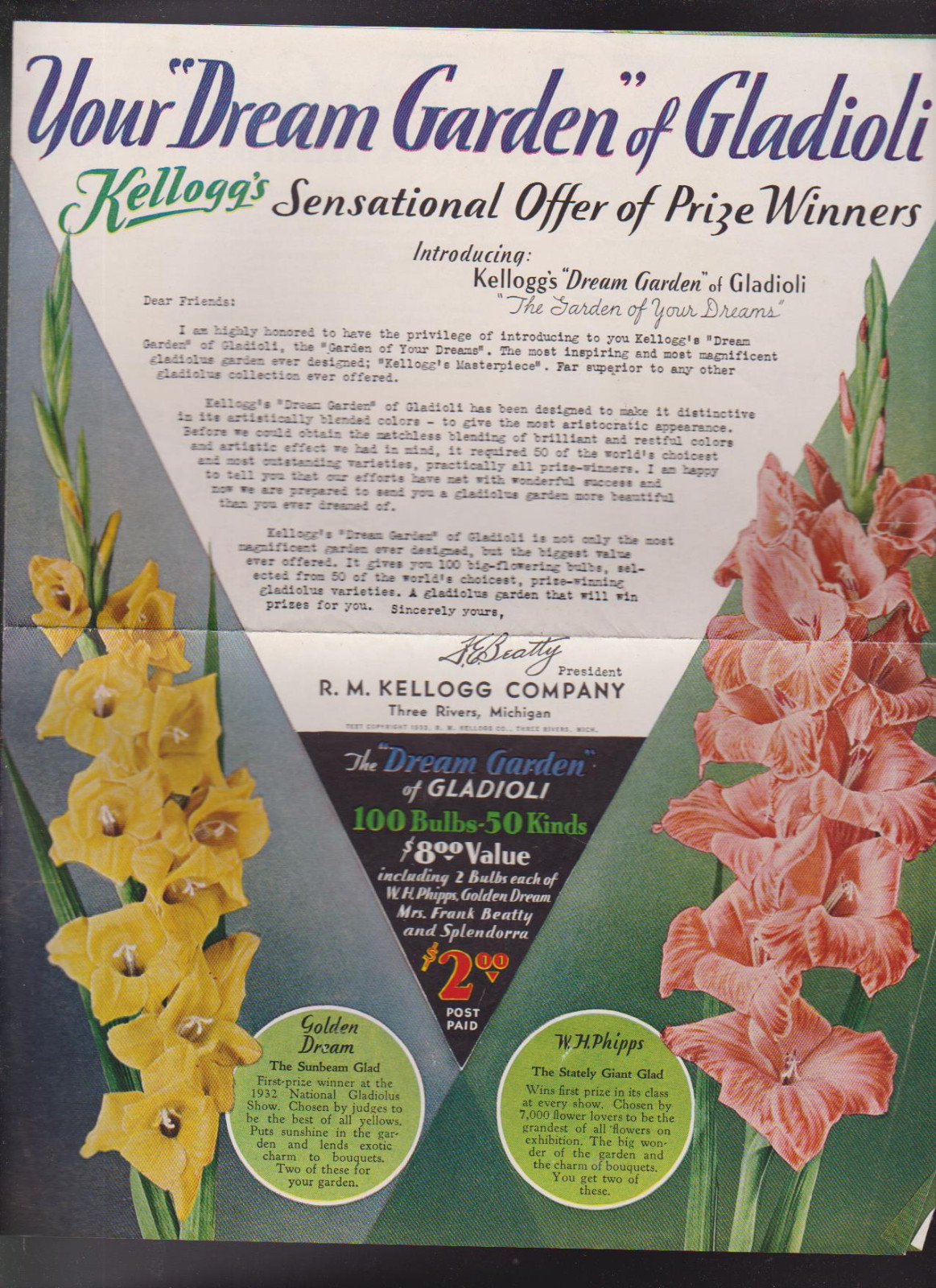 RM Kellogg 1933 Flower Sale Envelope & Brochure Three Rivers Michigan