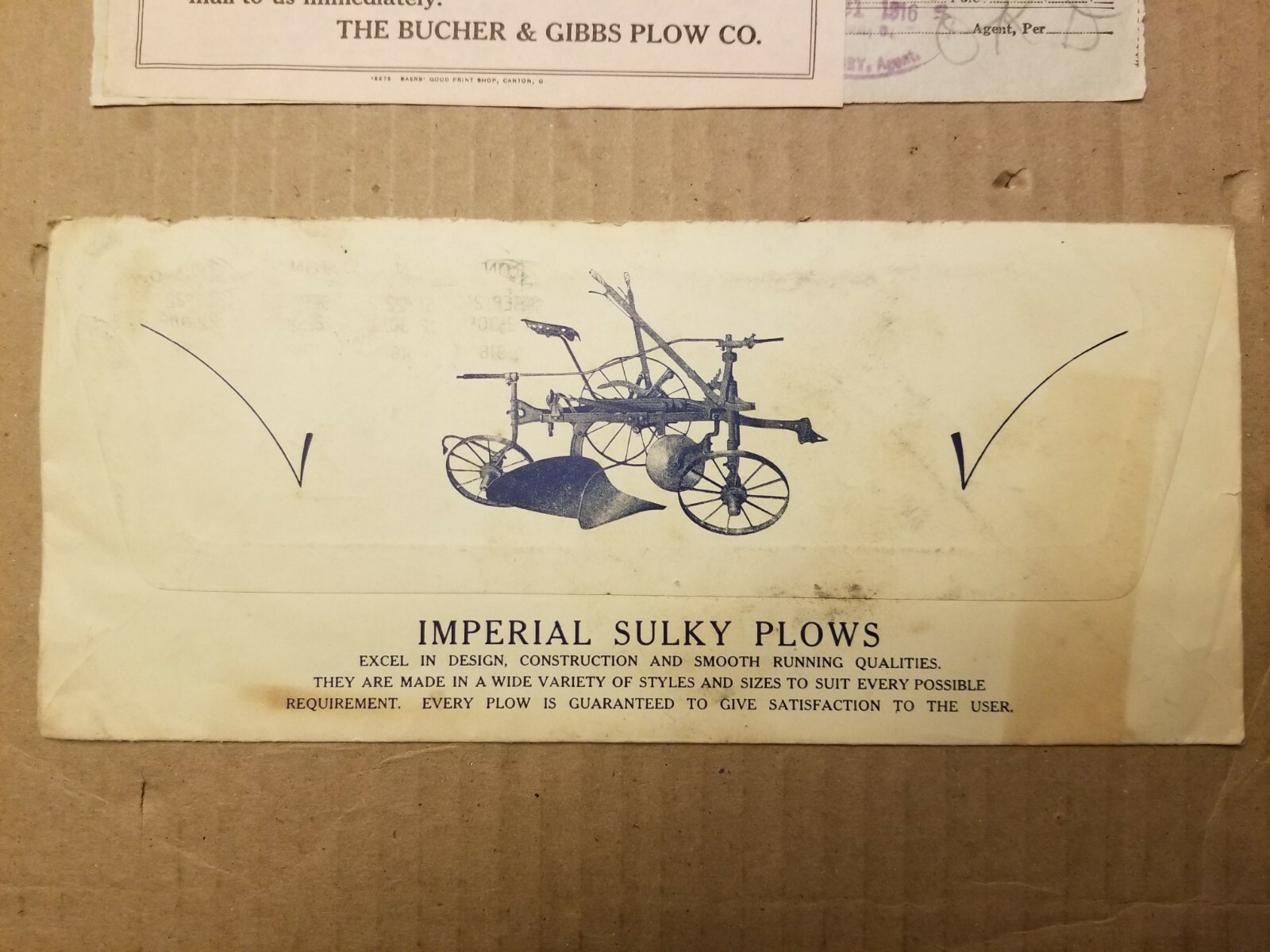 VTG AGRICULTURE ENVELOPE & RECEIPT. 1916. THE BUCHER AND GIBBS PLOW CO.