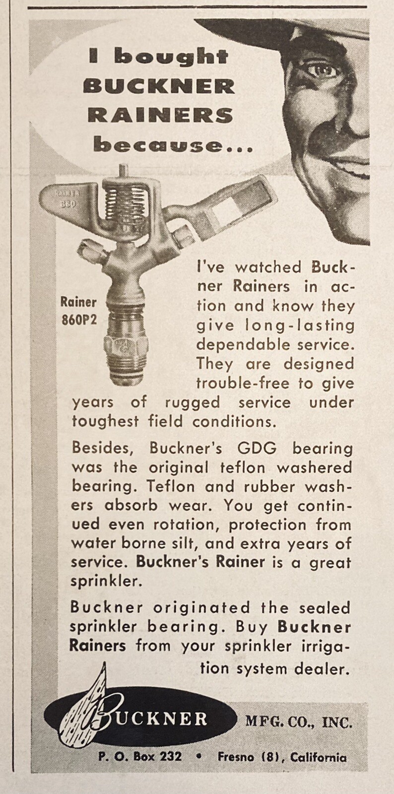 1958 AD.(XH54)~BUCKNER MFG. CO. FRESNO, CA. BUCKNER RAINERS SPRINKLER HEADS