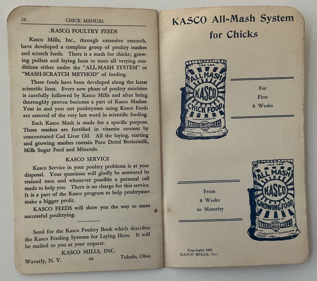 Kasco – “ Starting Off Right” 1932 – 26 Page Booklet About Raising Chicks