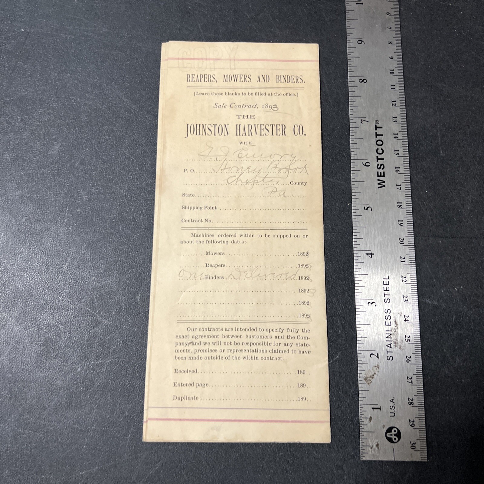 Rare 1883 Johnson Harvestor Co Farm Implement Sales Agreement
