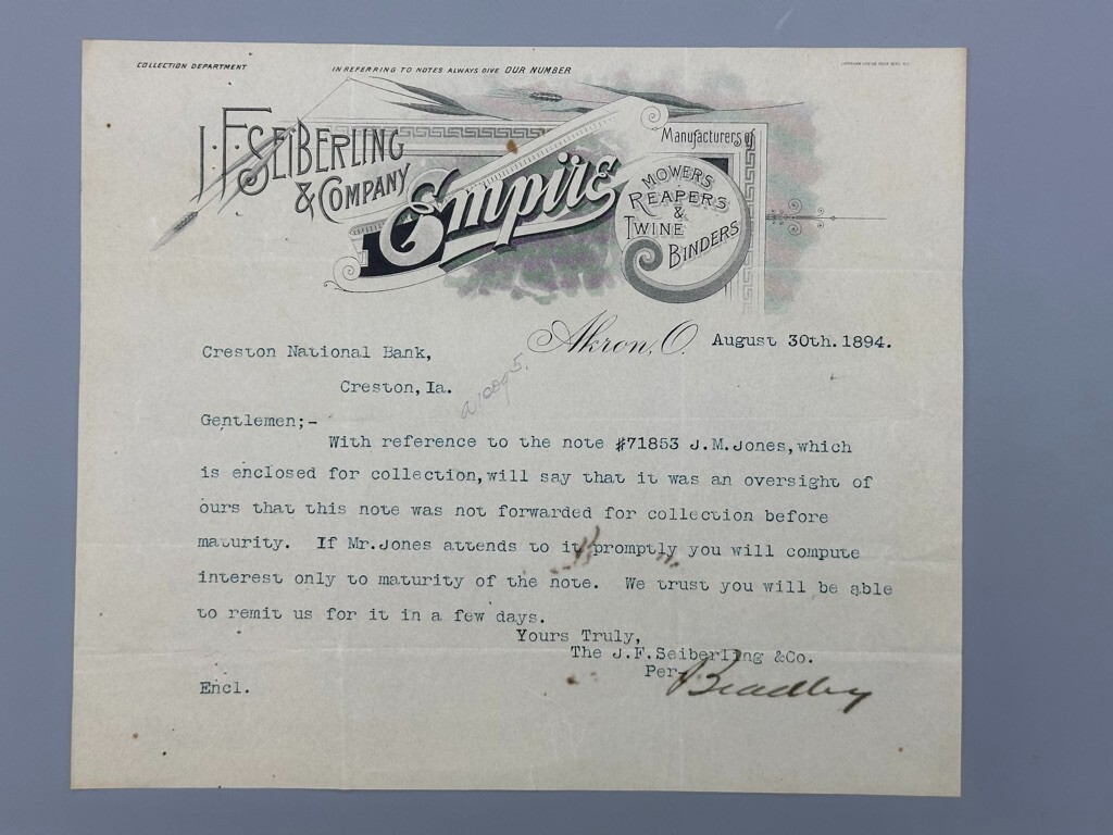 1894 Seiberling Co EMPIRE MOWERS Letter FARM Advertising AKRON Ohio
