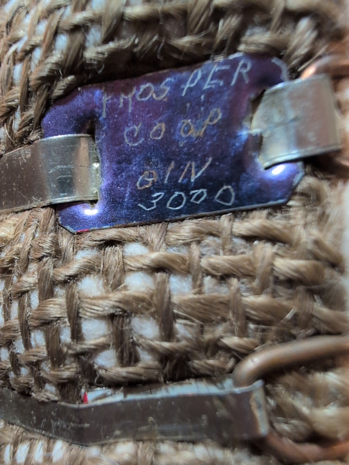 Vintage 6&Prime; Cotton Bale Wrapped In Burlap With Metal Bands Marked Prosper Coop