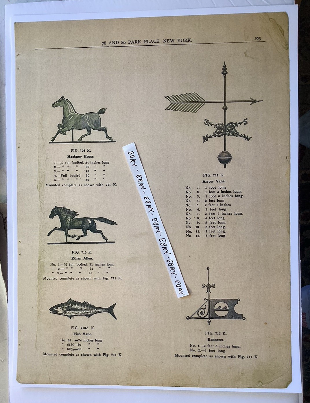 1800’s HORSE, FISH, ARROW, BANNERET WEATHER VANE J.W. FISKE IRON WORKS RARE AD