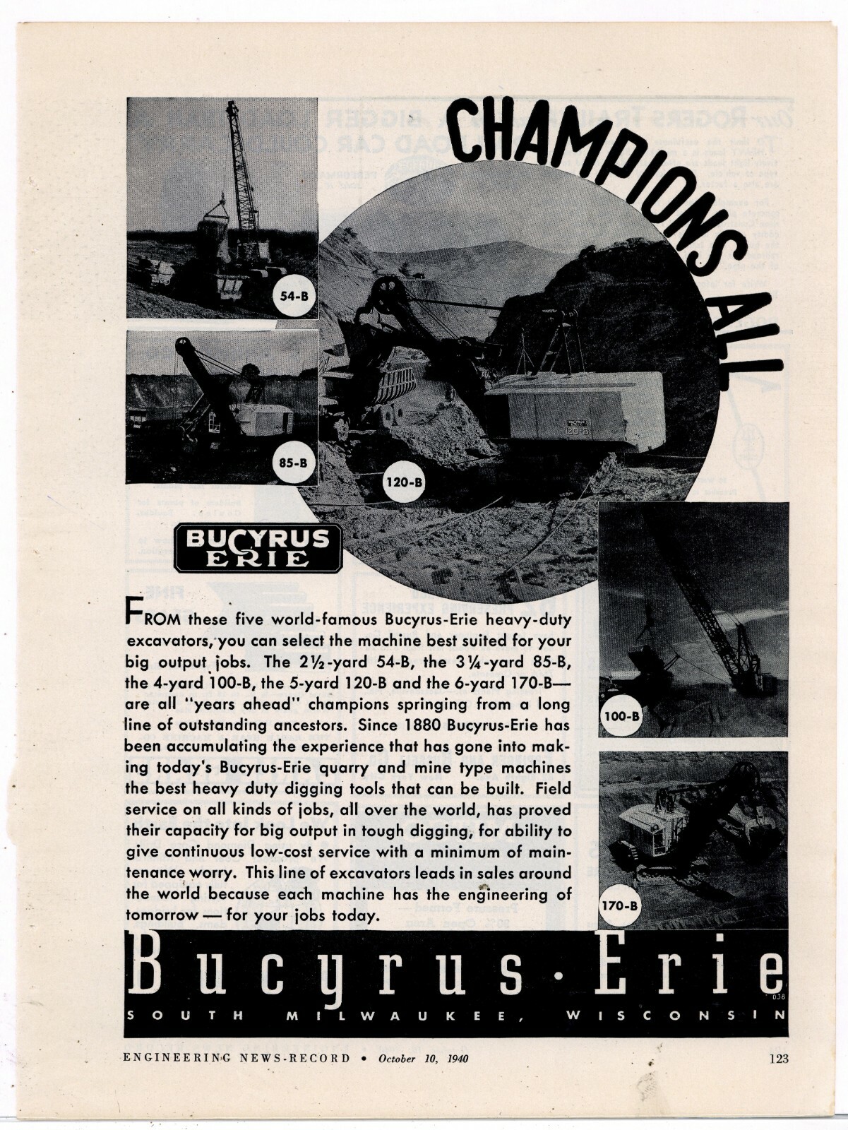 1940 Bucyrus Erie Equipment Ad: 54-B, 85-B, 120-B, 100-B, 170-B Cranes Pictured
