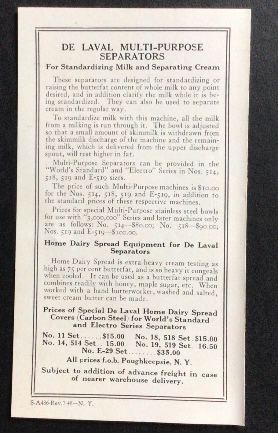 1948 De Laval Cream Separators Prices Series and Sizes Brochure List
