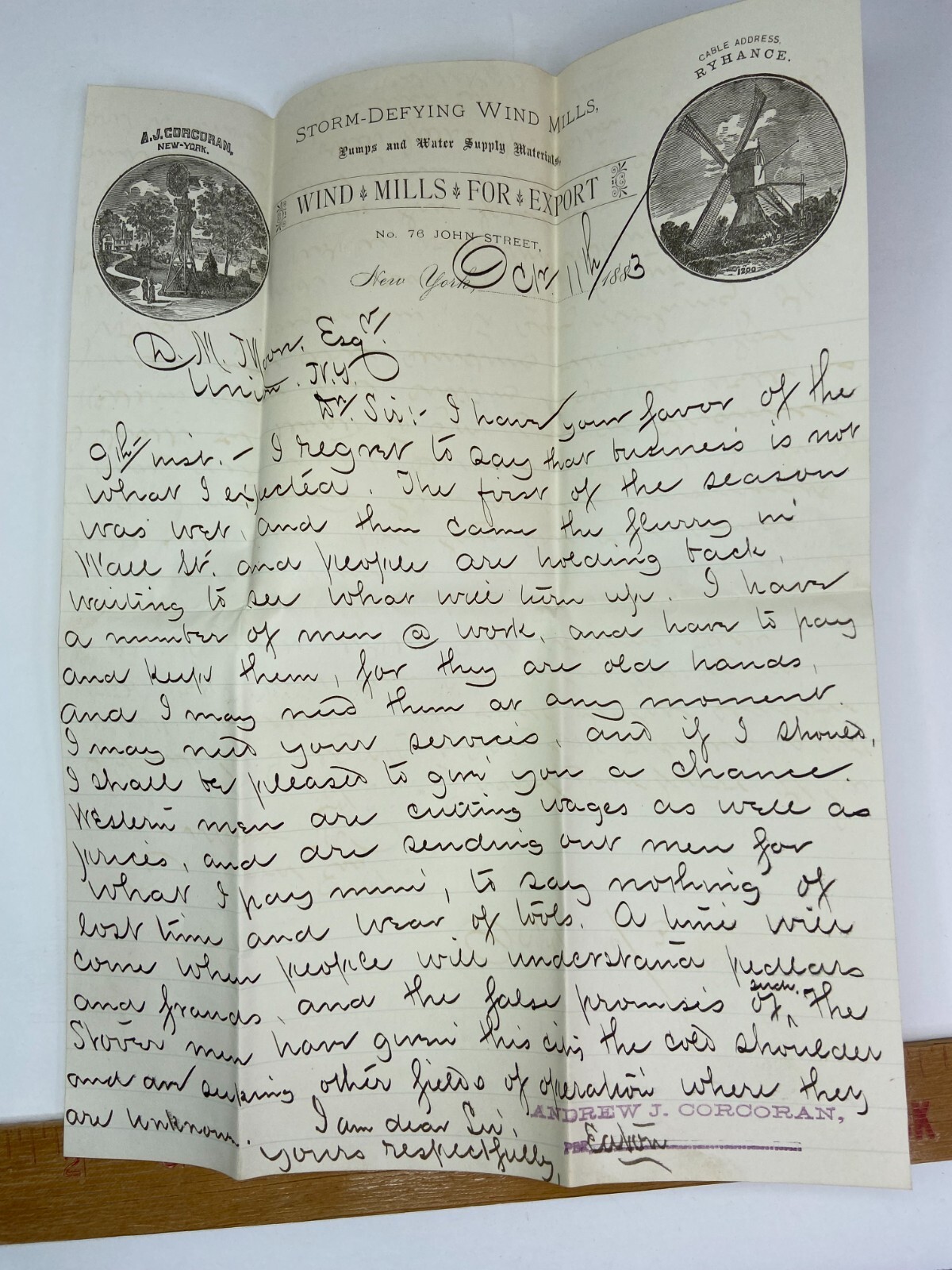 RARE ARCHIVE Letters EPHEMERA Billheads etc – Andrew Corcoran Wind Mills NY 1883
