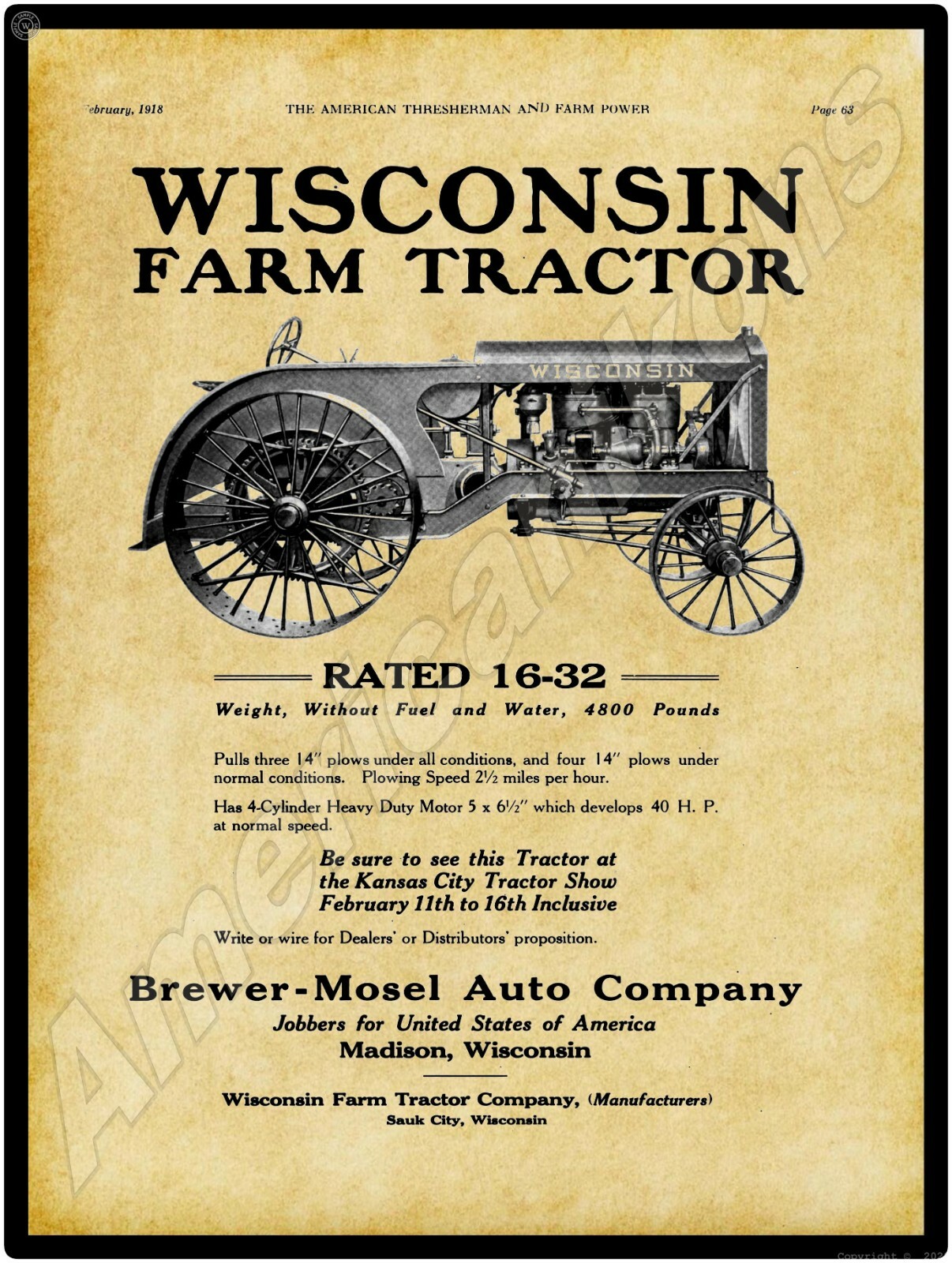 1917 Wisconsin Tractor New Metal Sign: 16-32 Model – Brewer Mosel Company Jobber