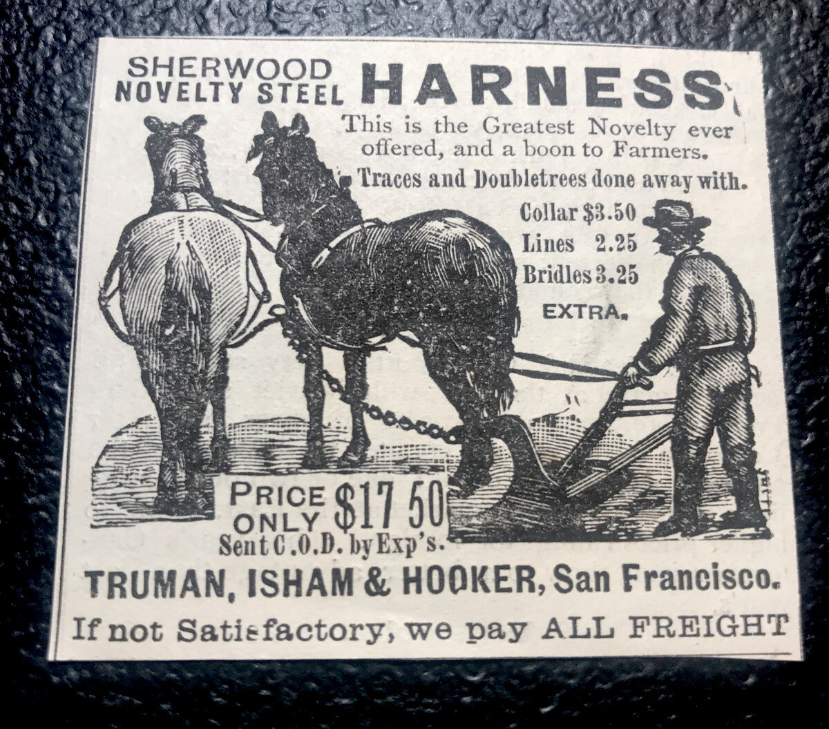 1886 Sherwood Horse Harness Farm Advertising – San Francisco – California