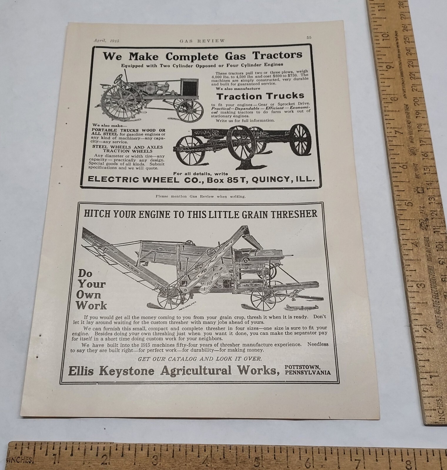 1915 – Ellis Keystone Ag Works – GRAIN THRESHER – magazine ad – listing #5892