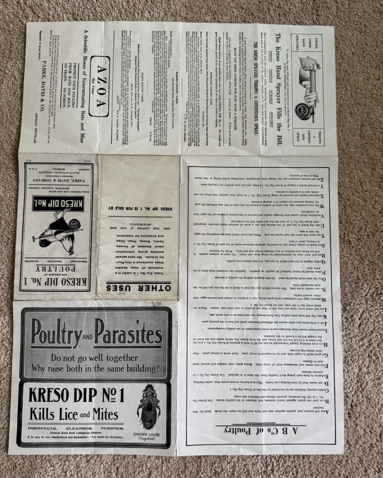 Antique Kreso Dip Poultry Lice Brochure Factory Tin Cans Parke Davis MI Illus