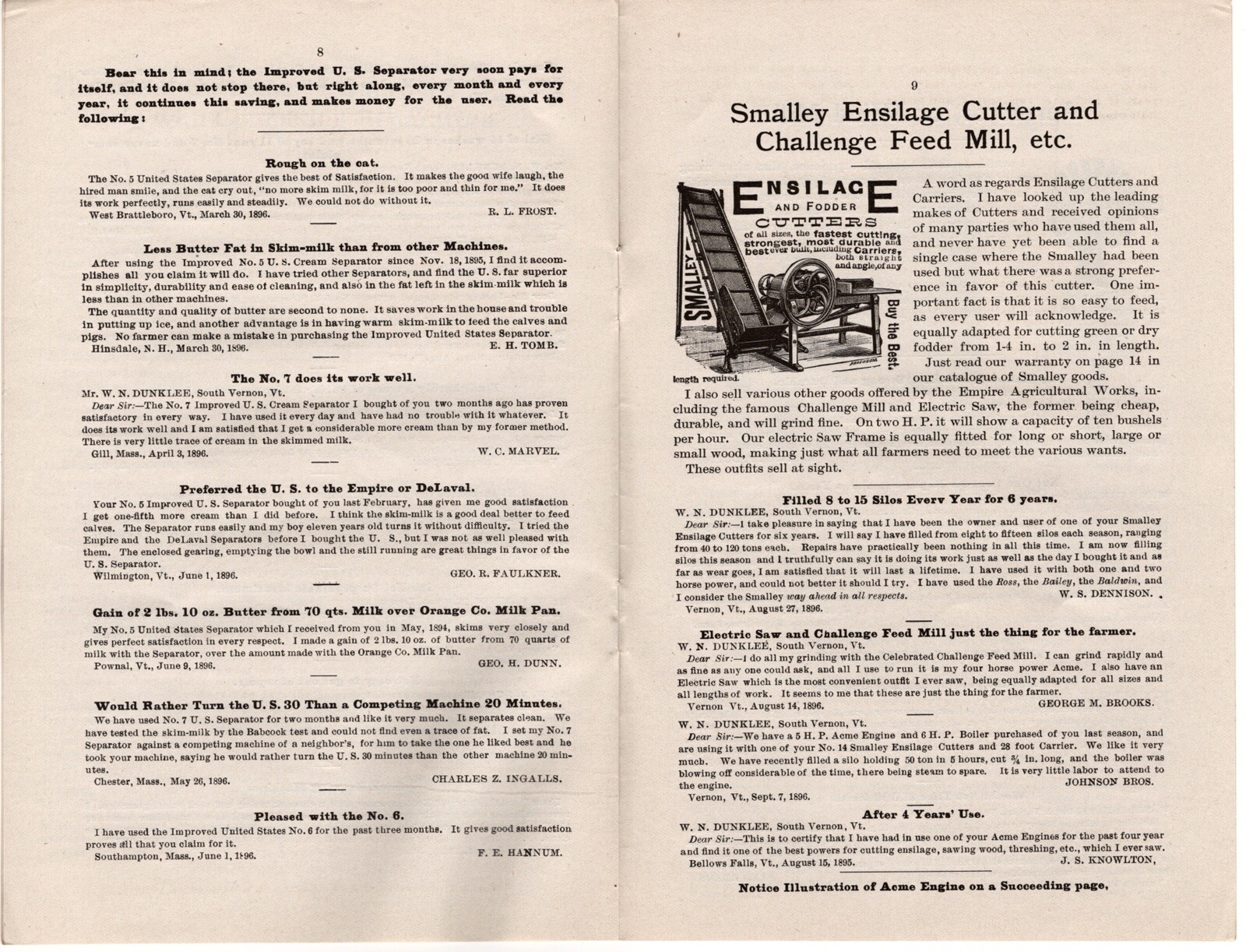 TWO 1890s CREAM SEPARATOR BROCHURES VT. FARM MACHINE CO DAIRY ACME STEAM ENGINE