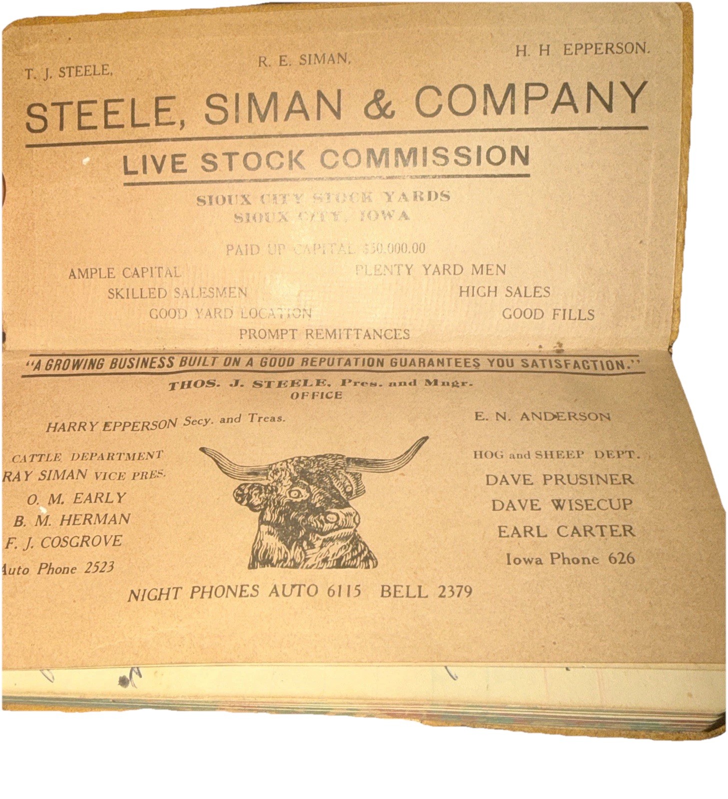 1916 Antique Livestock Ledger Steele Siman Sioux City Stock Yards Cattle Book