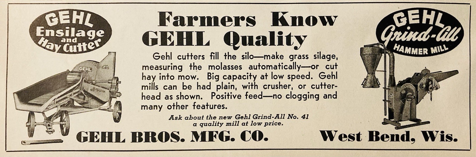 1944 AD.(PC5)~GEHL BROS. MFG. CO. WEST BEND, WIS. HAY CUTTERS AND HAMMER MILLS