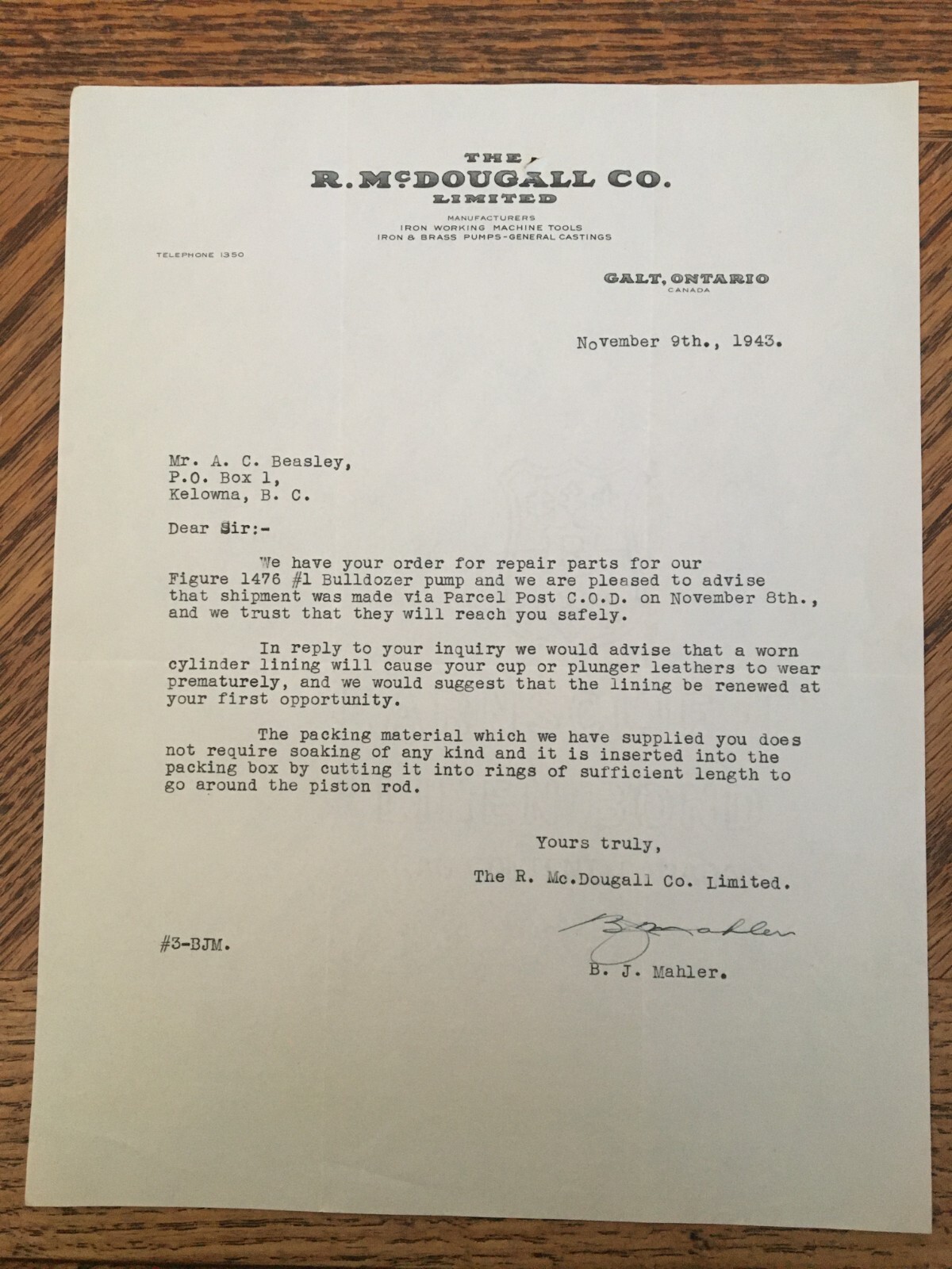 McDougall Co Ltd Receipt Letter Bulldozer Pump 1943 Kelowna BC Cattle Ranch Farm