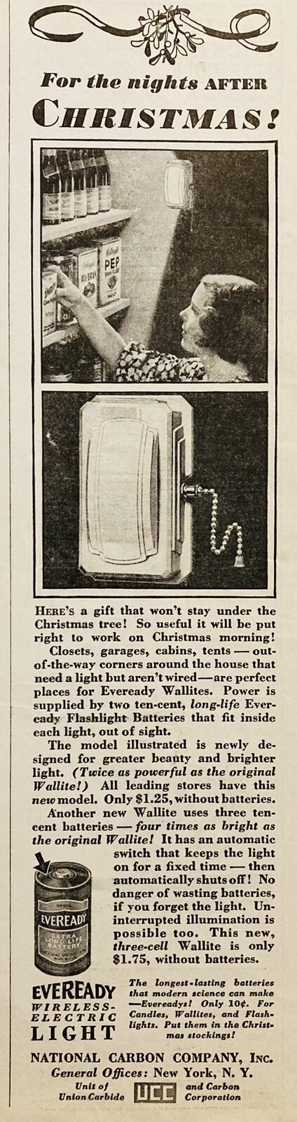 1933 AD.(XH82)~NATIONAL CARBON CO. NYC. EVEREADY WIRELESS ELECTRIC LIGHT
