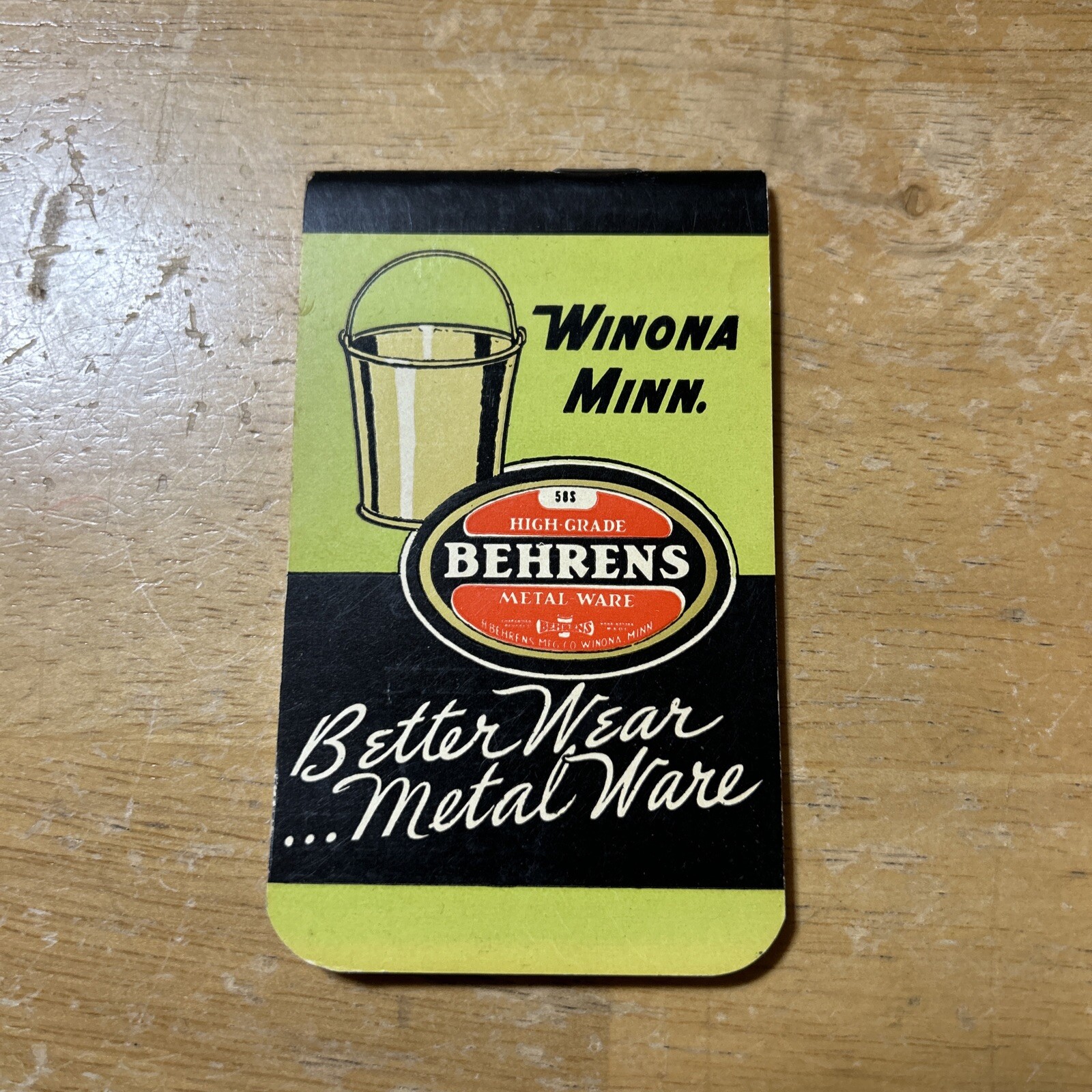 BEHRENS METALWARE Galvanized Steel Advertising Pocket Book Winona Minnesota