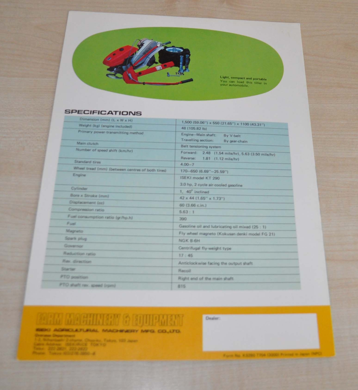 Iseki Agricultural Compact Tiller KS 280 Japanese Brochure Prospekt ENG