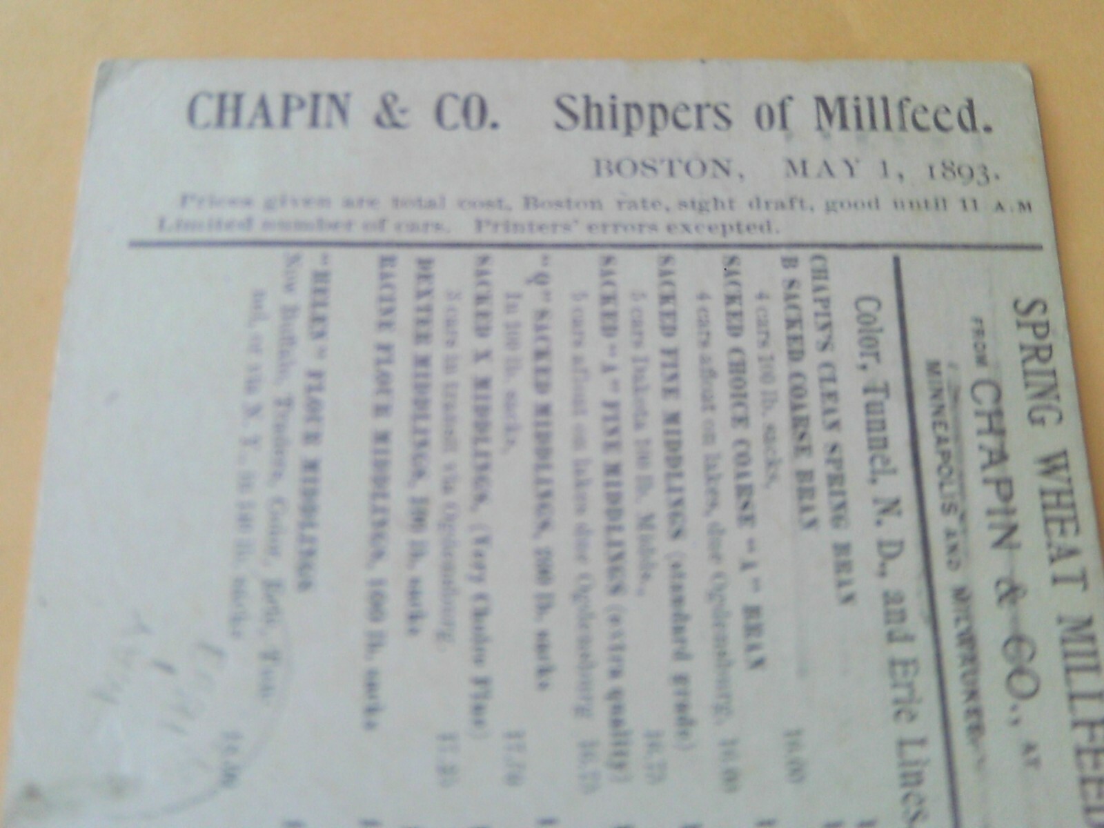 RARE 1893 POSTCARD CHAPIN WHEAT MILL FEED BOSTON MINNEAPOLIS ST LOUIS MILWAUKEE