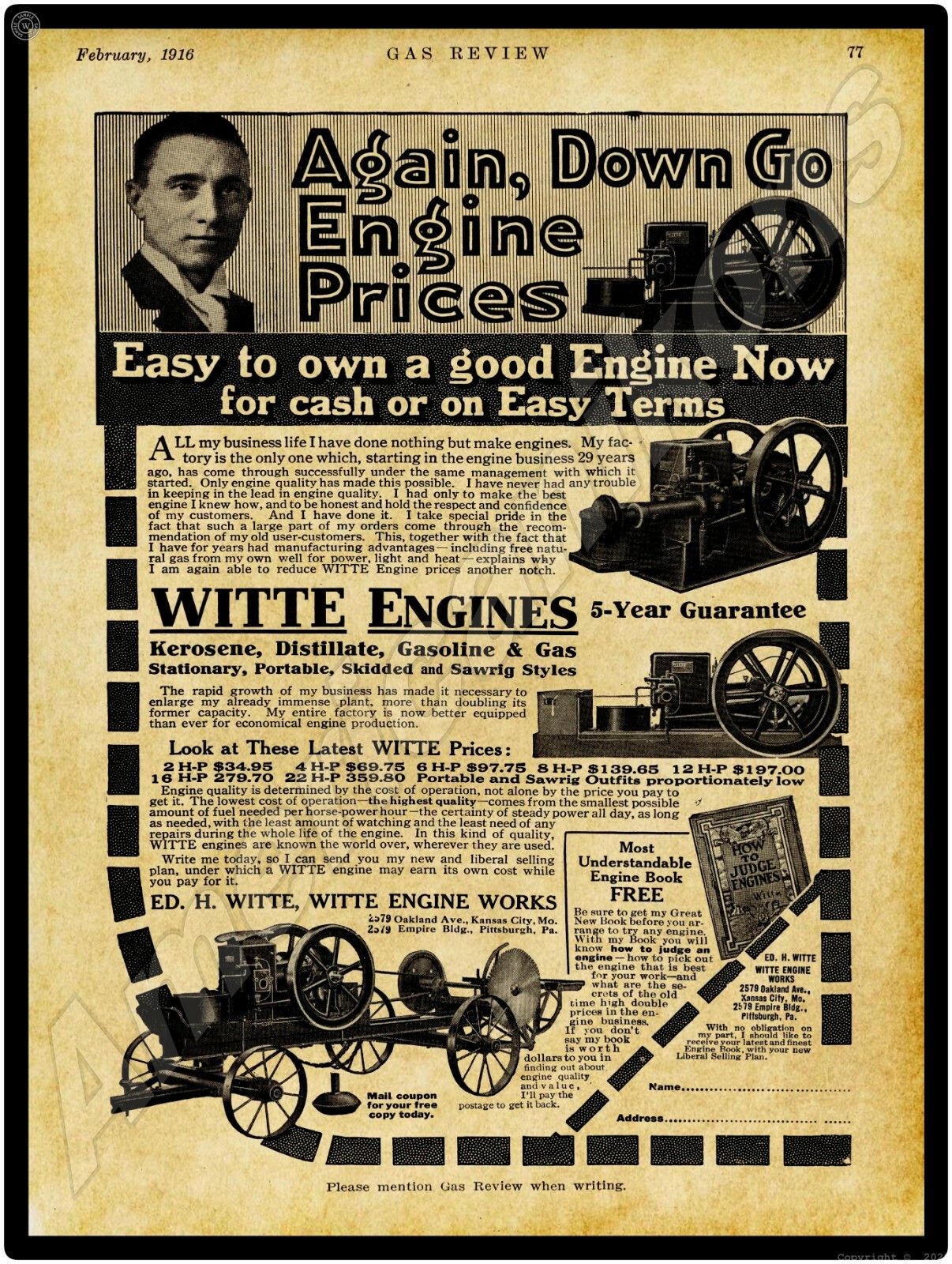 1916 Witte Engine Works Gas Engines New Metal Sign: Kansas City, Missouri