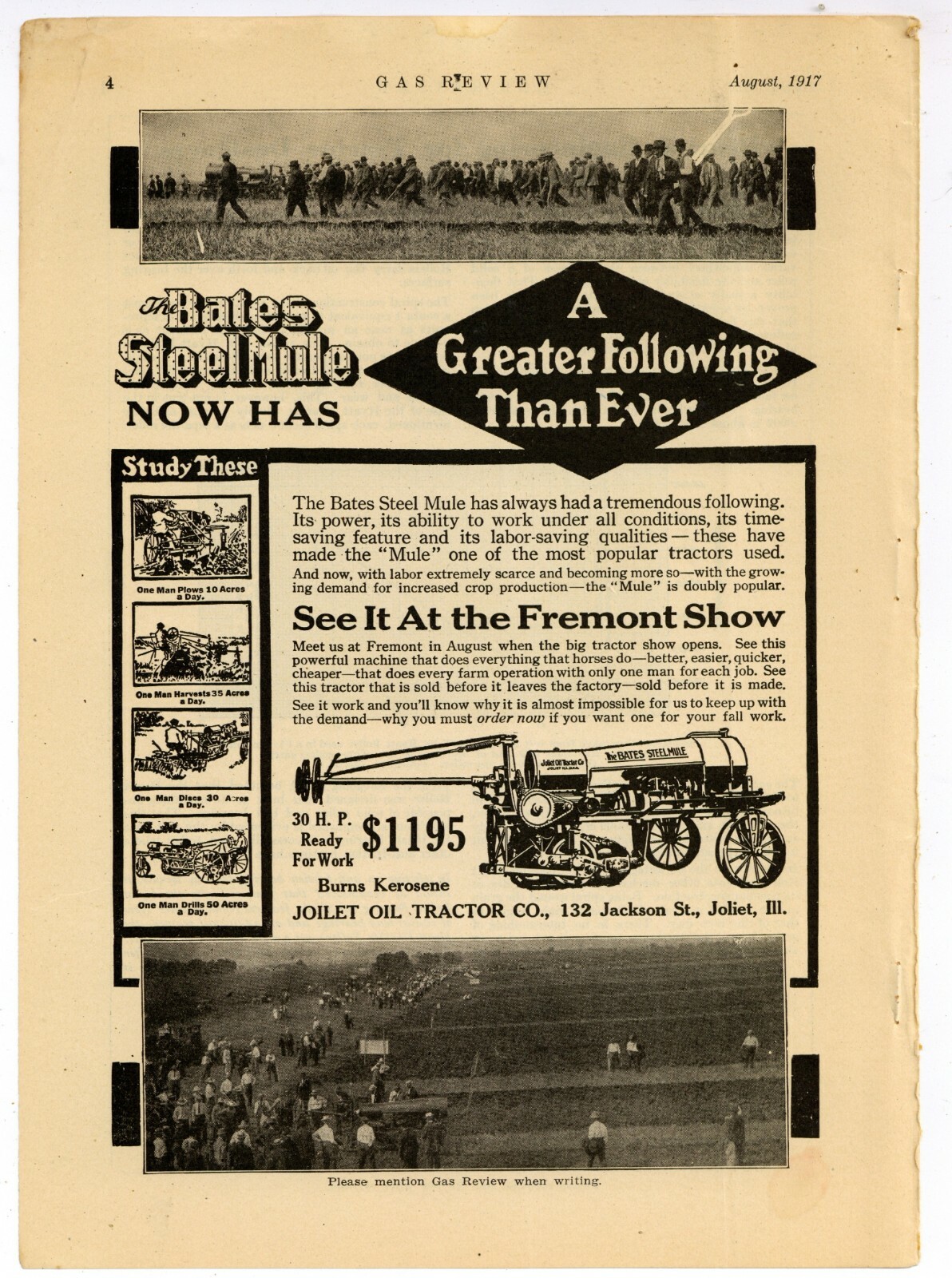 1917 Bates Steel Mule Tractor Ad: Joliet Oil Tractor Co. Joliet, Illinois