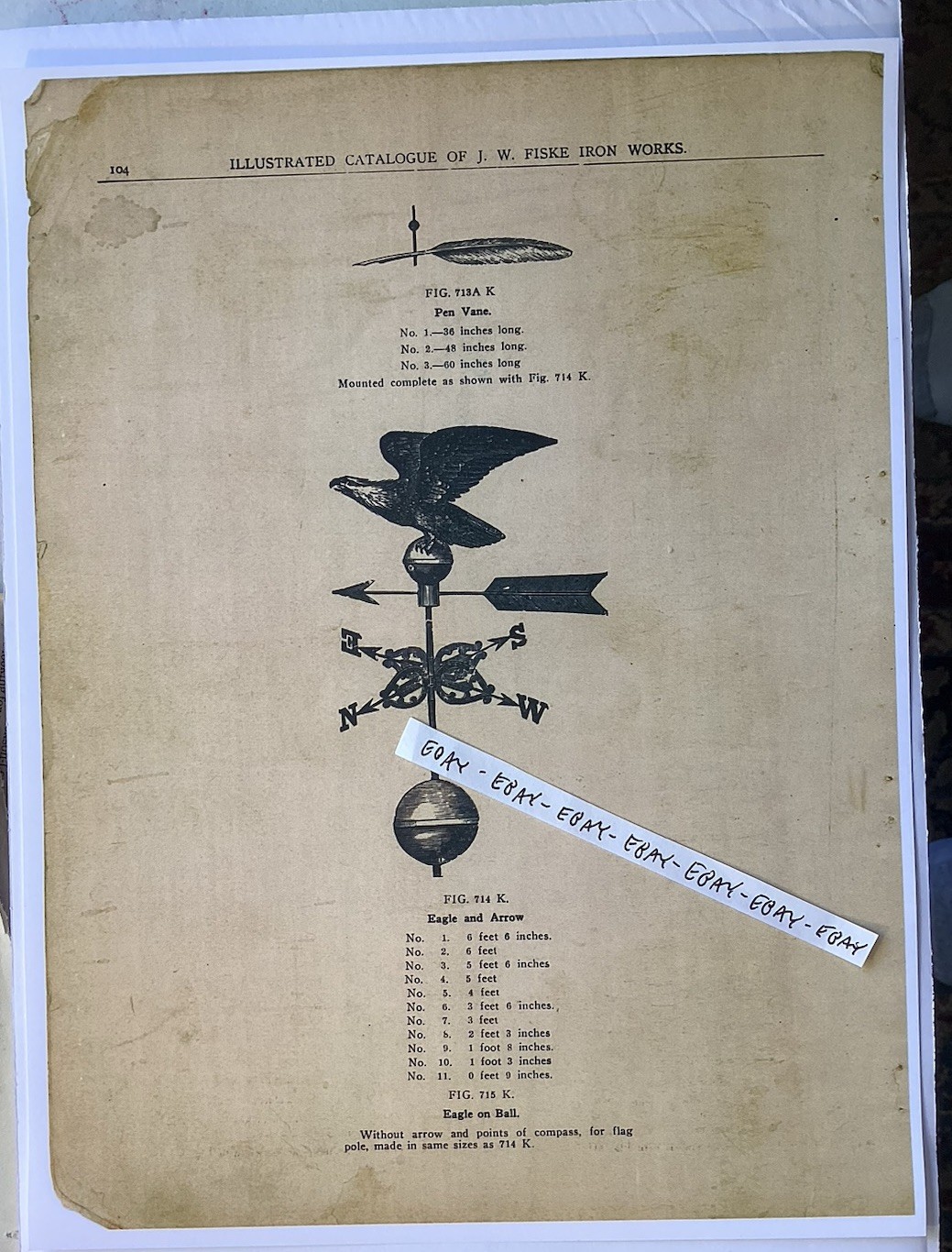 1800’s EAGLE & ARROW WEATHER VANE 6’ SIZE J.W. FISKE IRON WORKS RARE AD PEN VANE