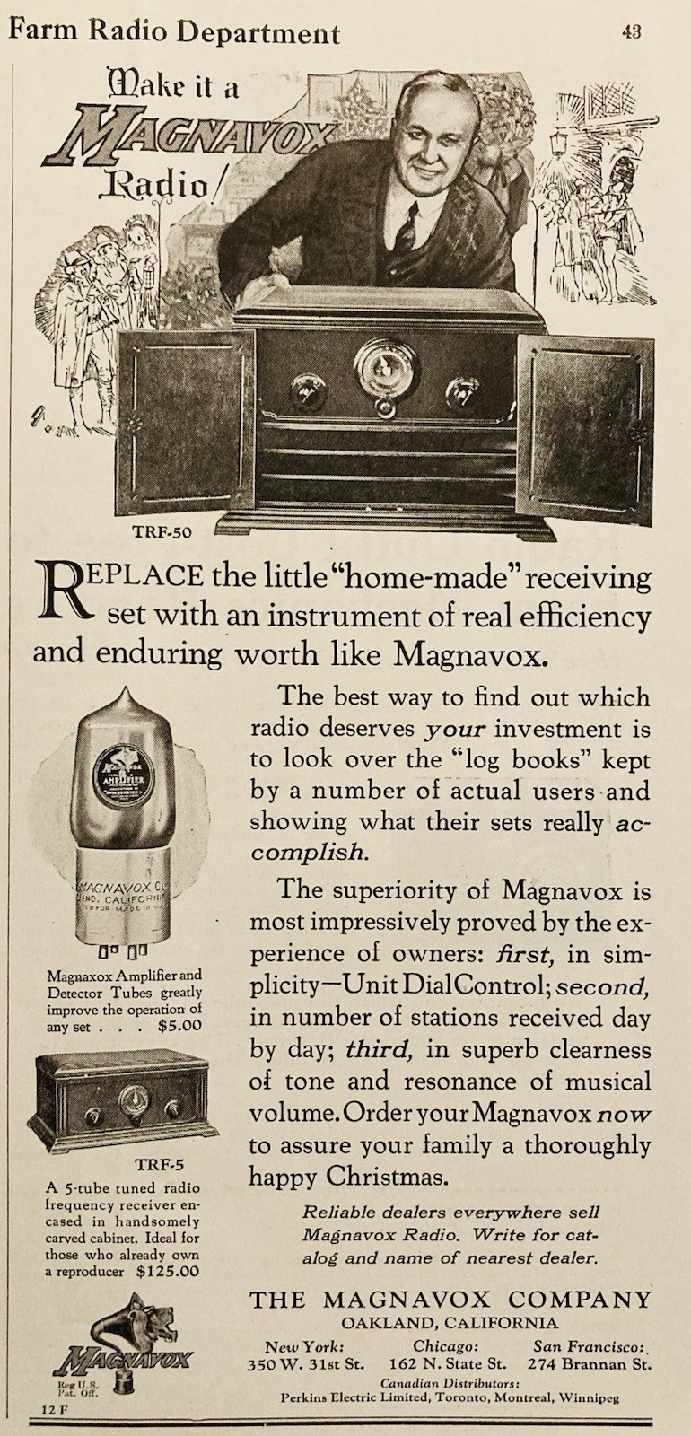 1924 AD.(XH82)~THE MAGNAVOX CO. OAKLAND, CA. MAGNAVOX RADIO RECEIVER