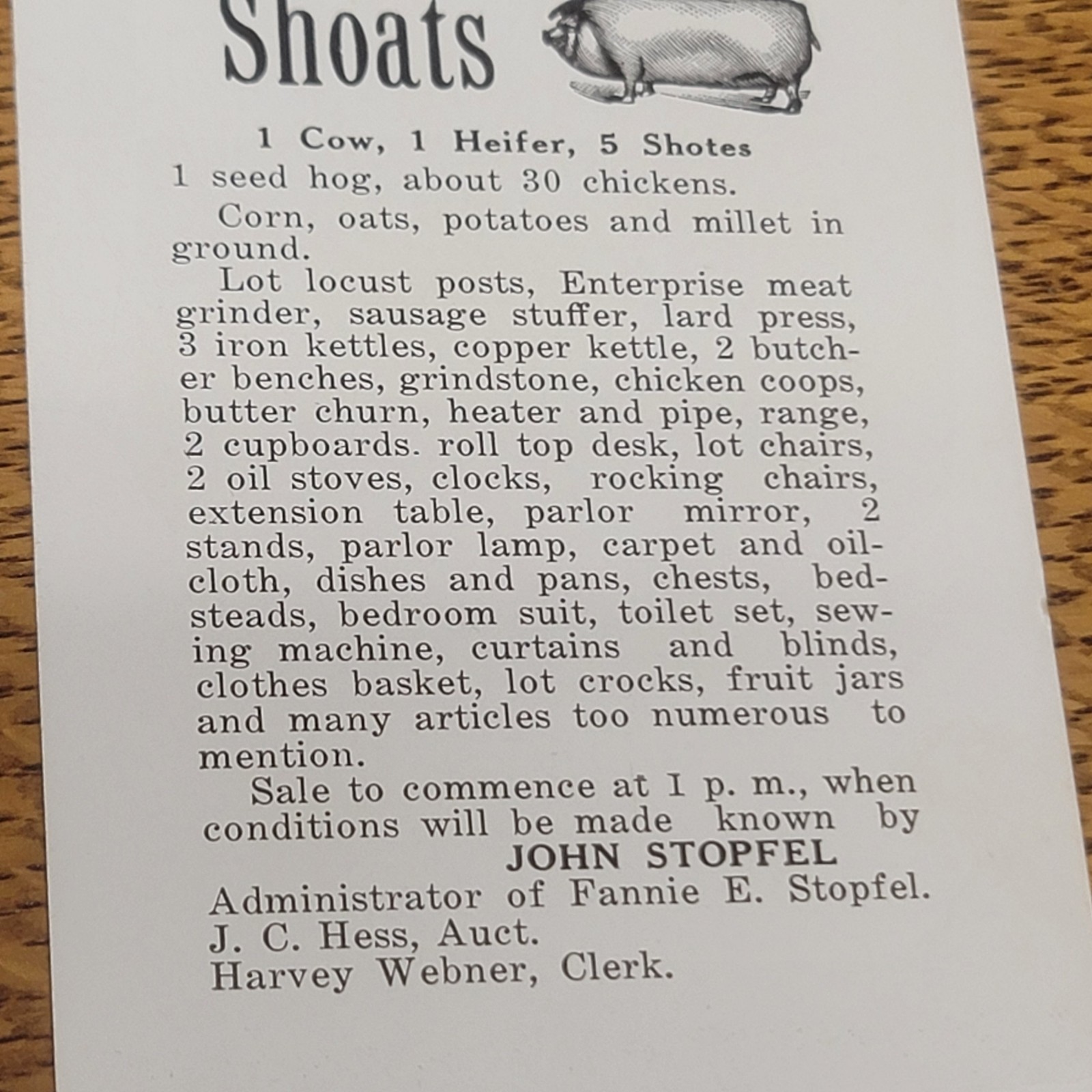Public Sale Card July 8 1915 Cow Shoats John Stopfel Hess Auction Hummelstown