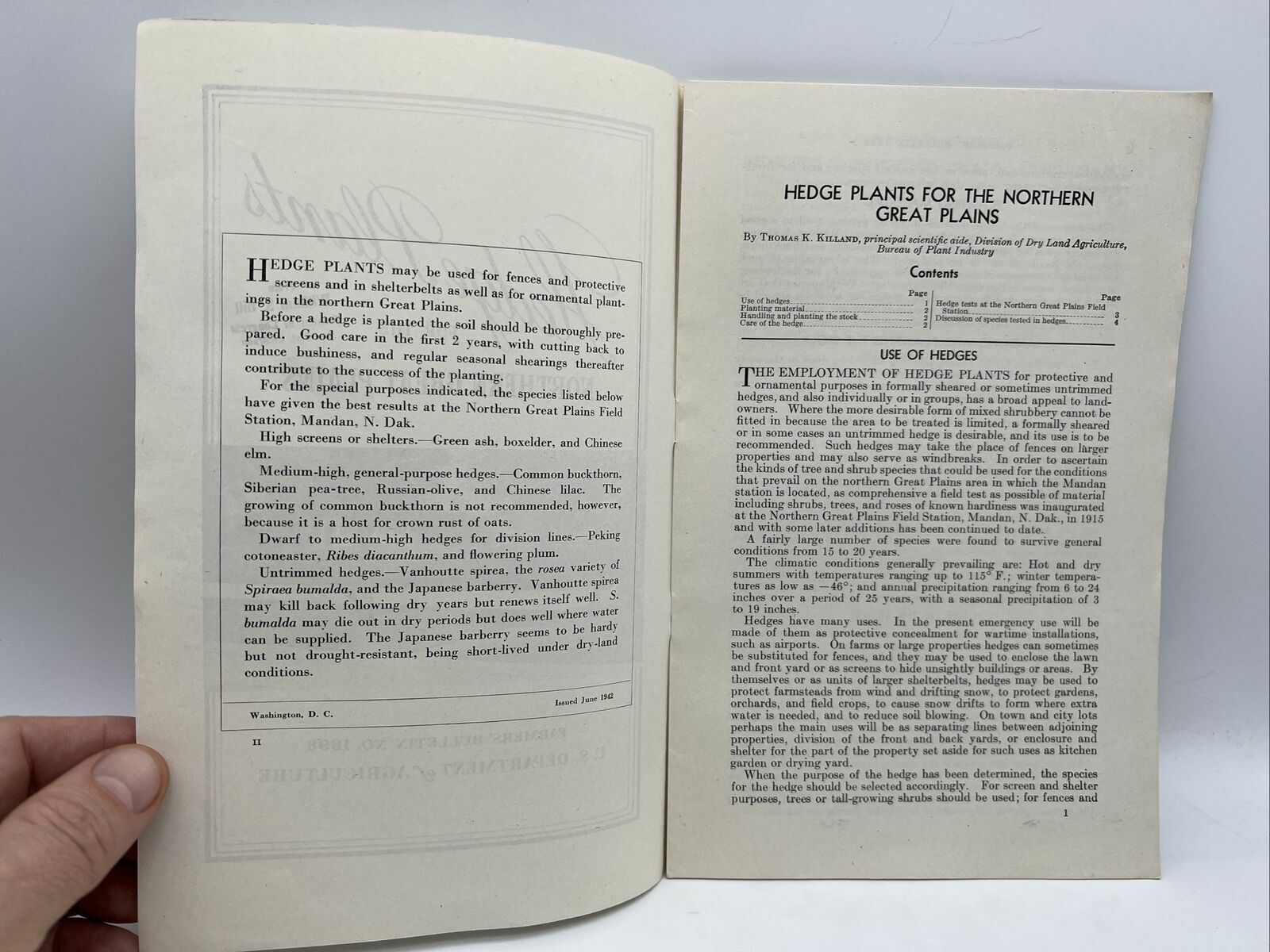 1942 USDA Farmers Bulletin No 1898 HEDGE PLANTS FOR THE NORTHERN GREAT PLAINS