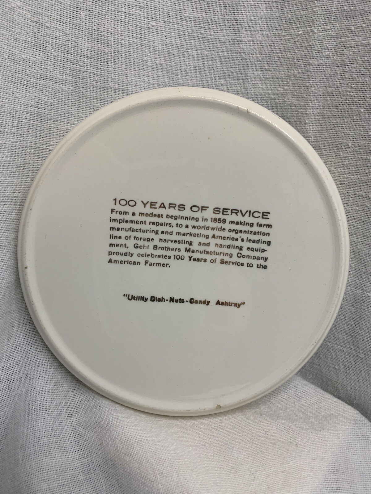 Gehl Dish 100 Anniversary Nuts Candy Ashtray 1959 White Ceramic Farm Scene