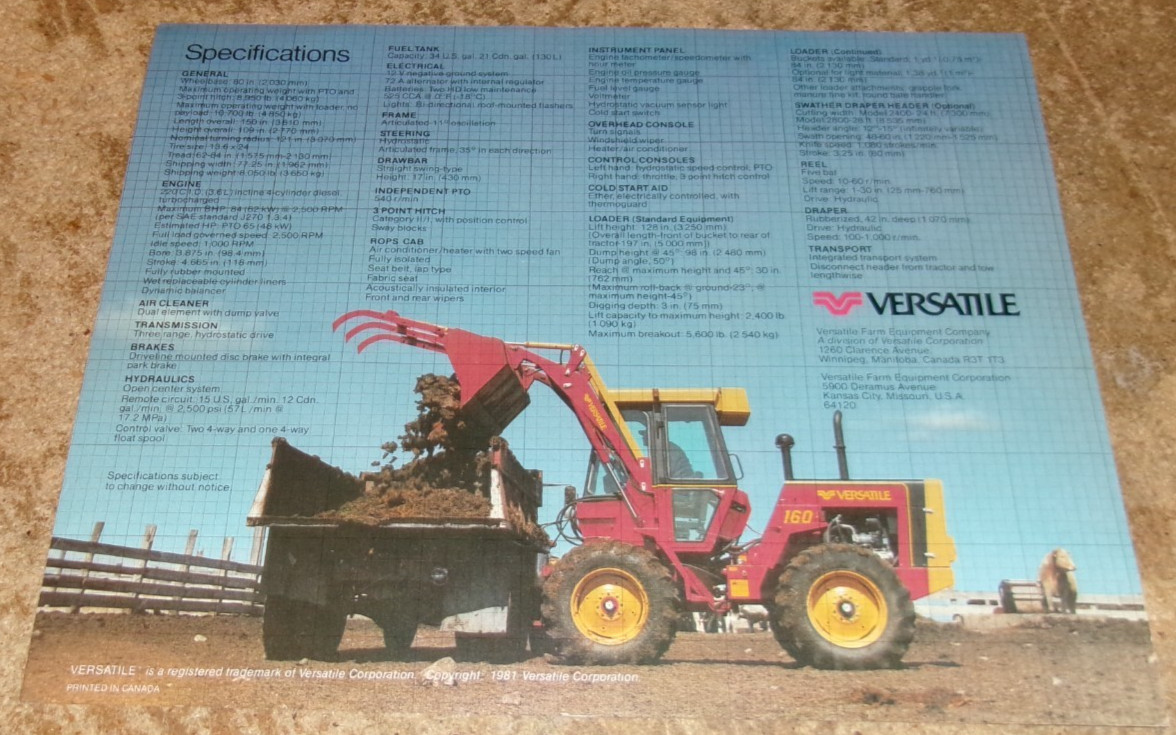 1981 versatile 160 hydrostatic 4wd tractor 1 page brochure very good used
