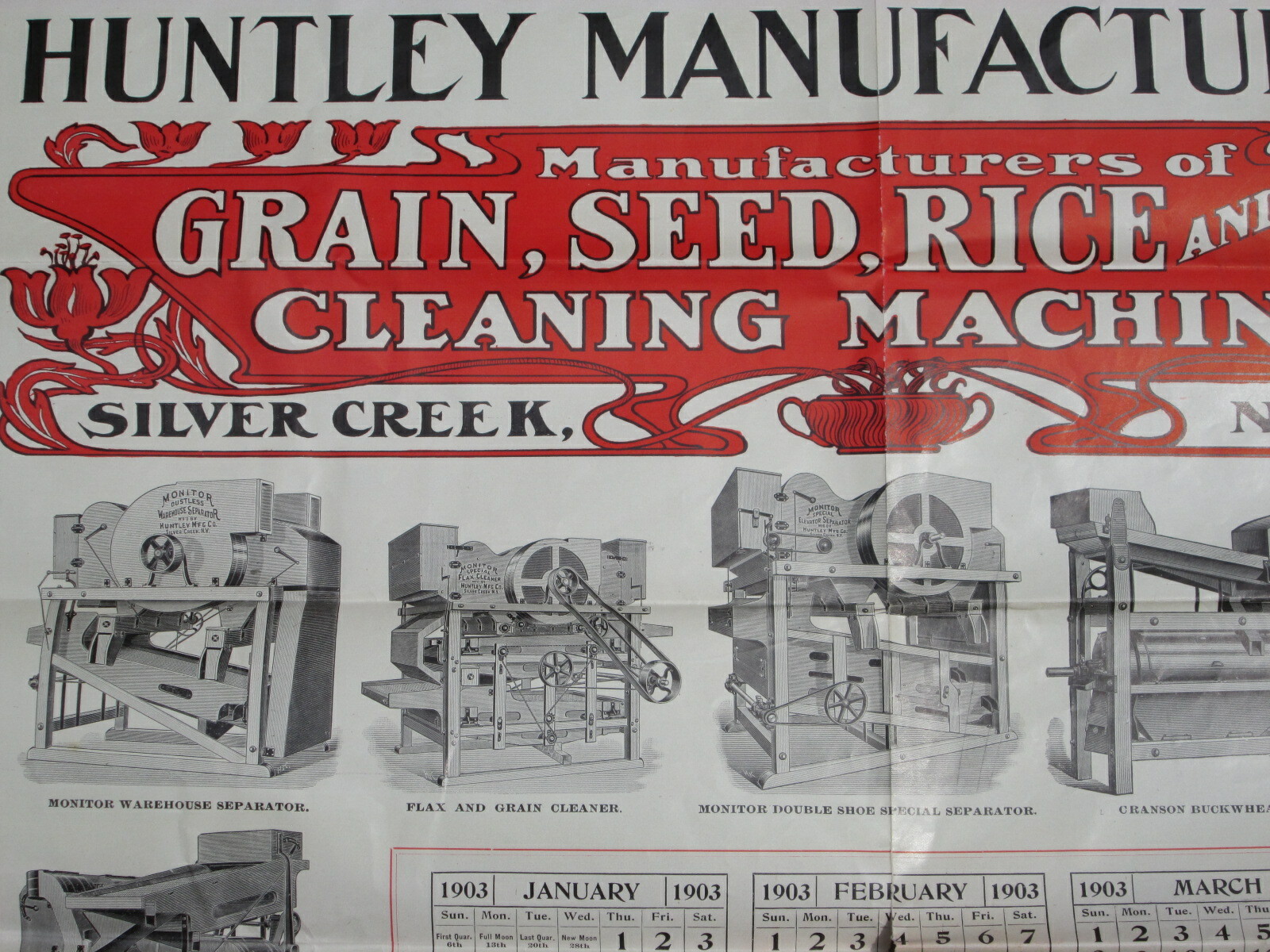 1903 Machinery Calendar Sign Poster, Silver Creek NY Huntley Grain Cleaning Mfg.