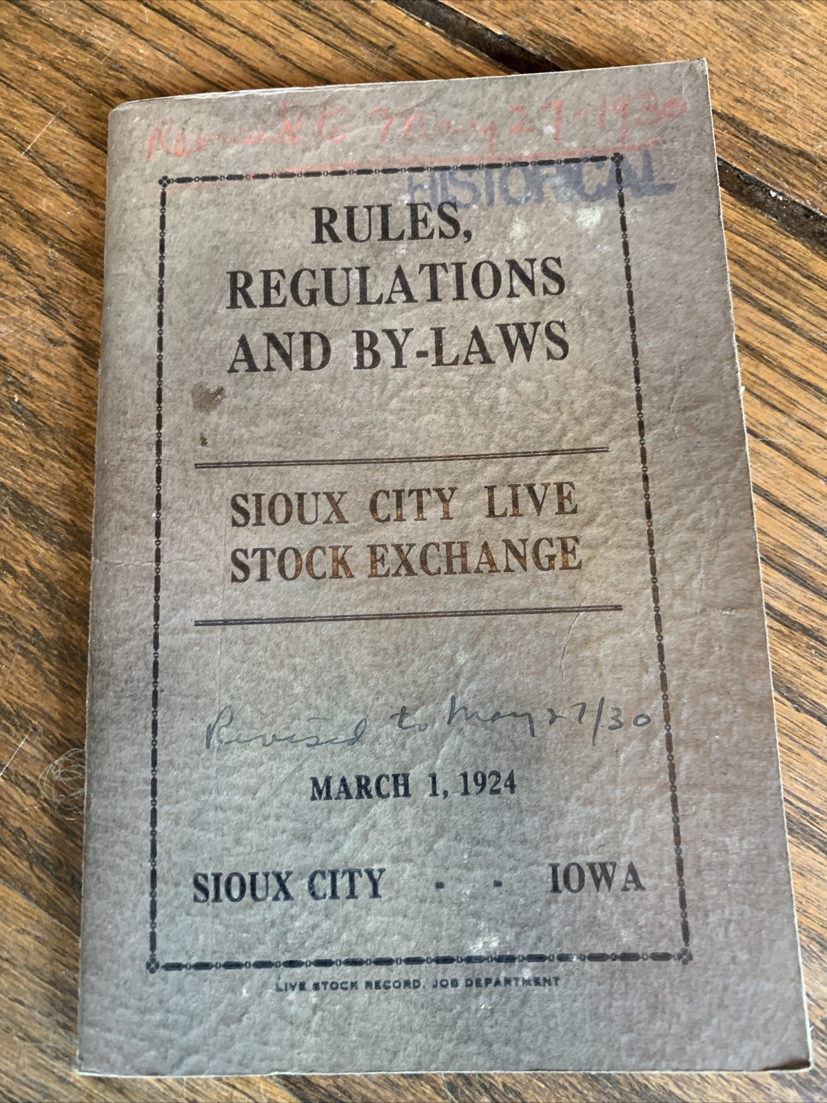 Rules And Regulations Sioux City Live Stock 1927-30 Historical With Amendments