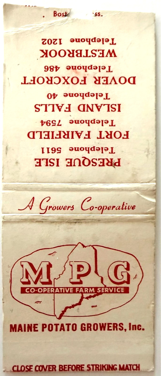 1950s Maine Potato Growers Matchbook Cover Presque Isle Agriculture Vintage