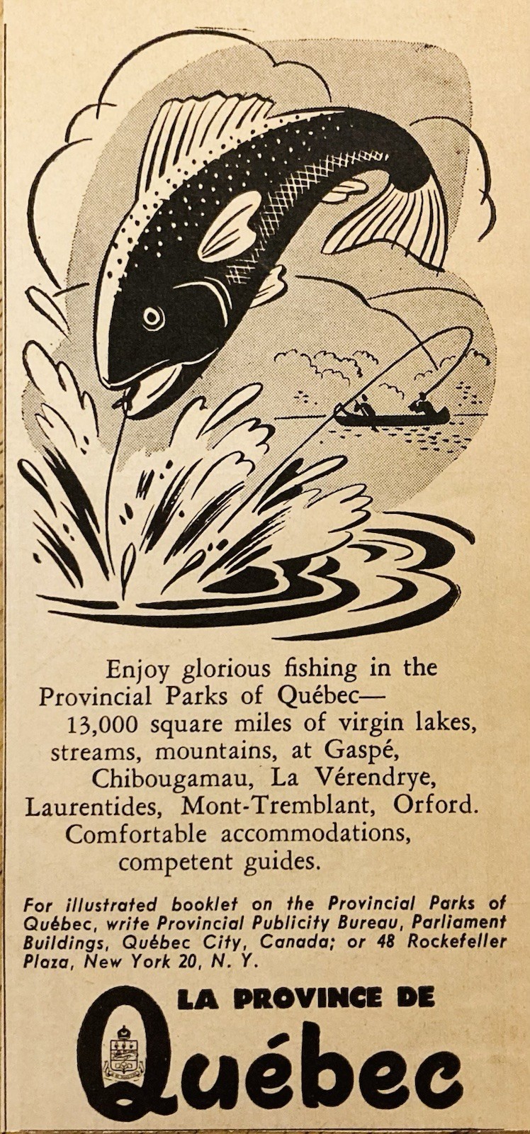 1951 AD.(PC6)~LA PROVINCE DE QUEBEC, LAKES REGION FOR FISHING DESTINATIONS GASPE