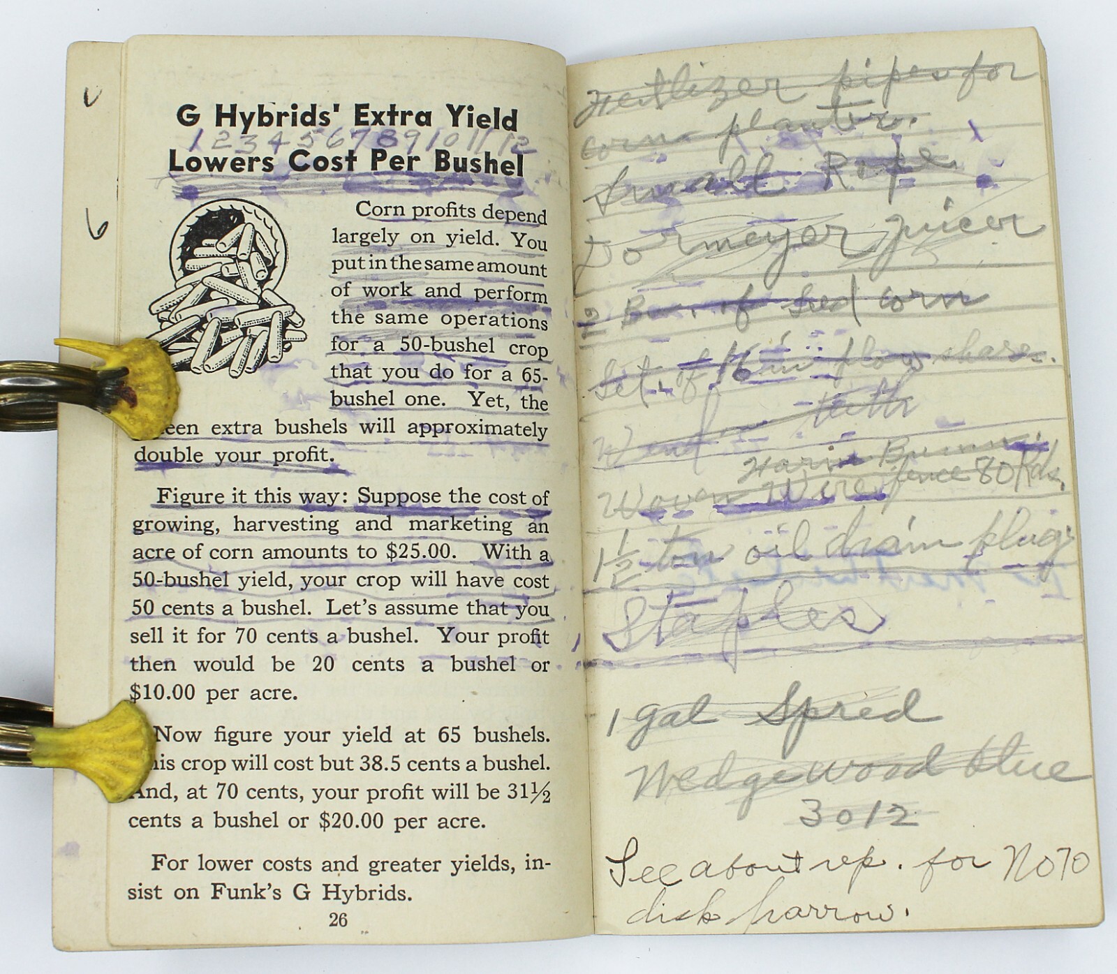 Vintage 1943 FUNK&rsquo;S HYBRID Columbiana&rsquo;s Corn Data Notebook