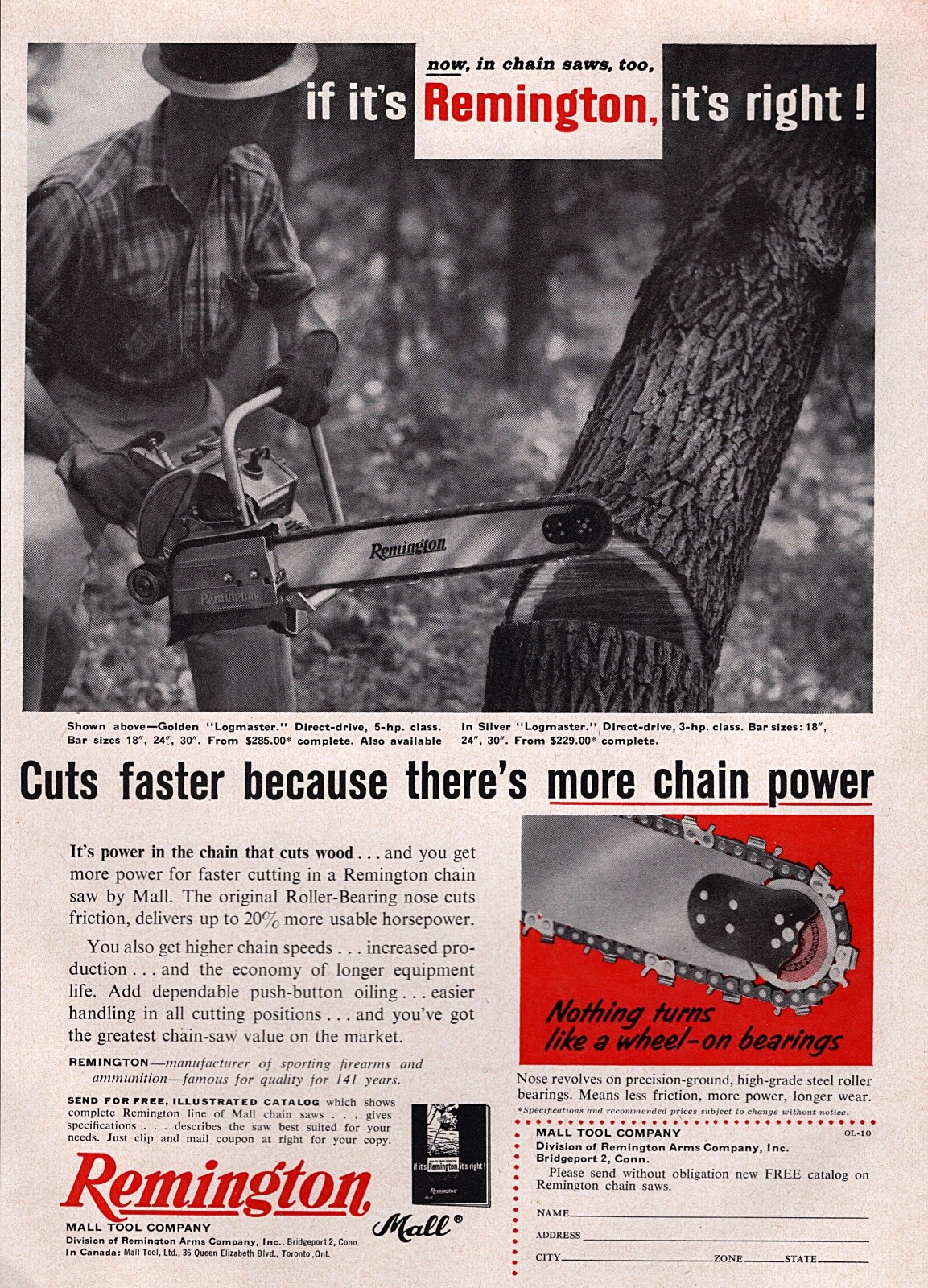 1957 Remington Golden Logmaster Chainsaw Original Print Ad