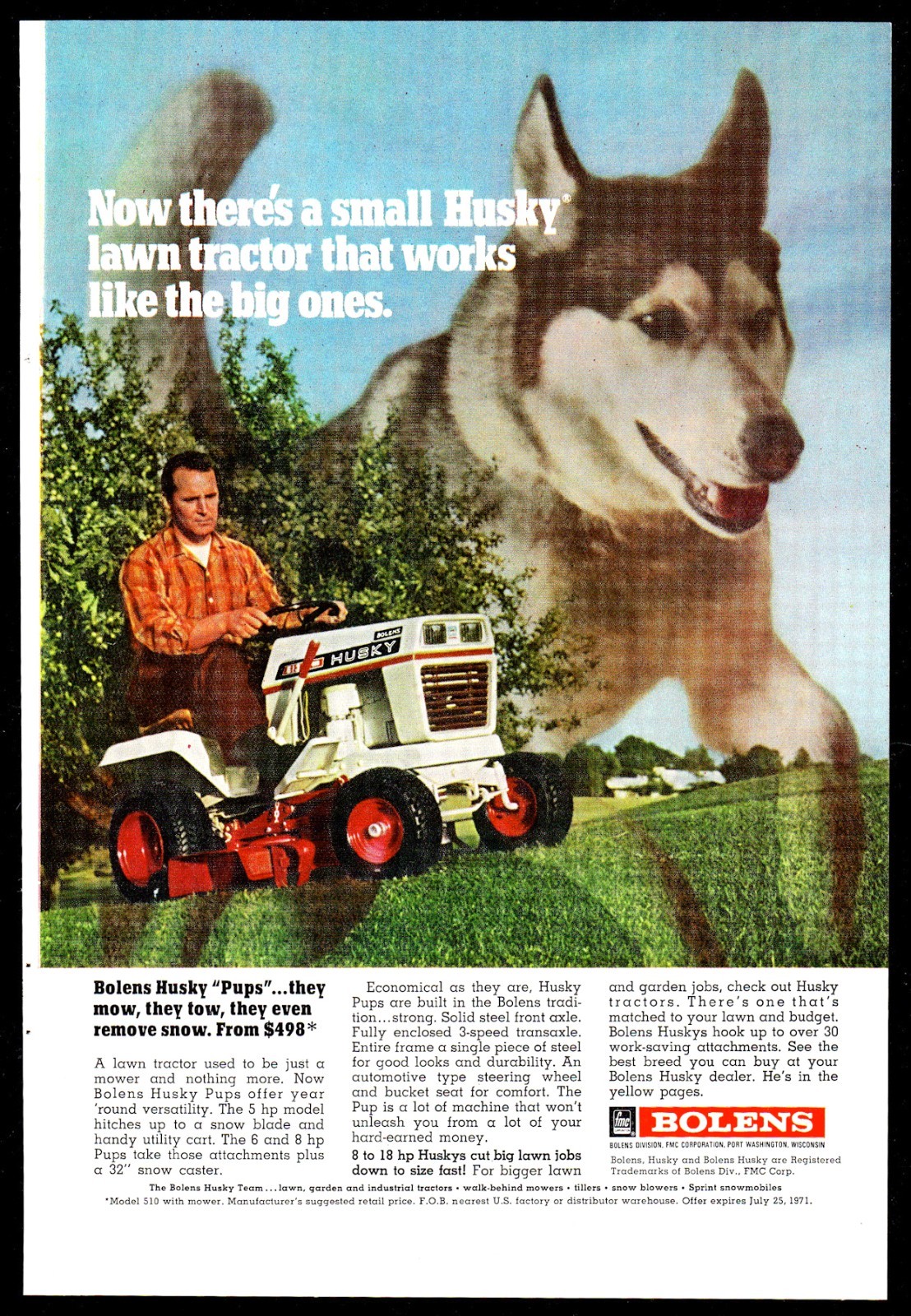 1971 BOLENS 1256 Husky Pups Lawn Tractor Mower AD w/ Siberian Husky Photo