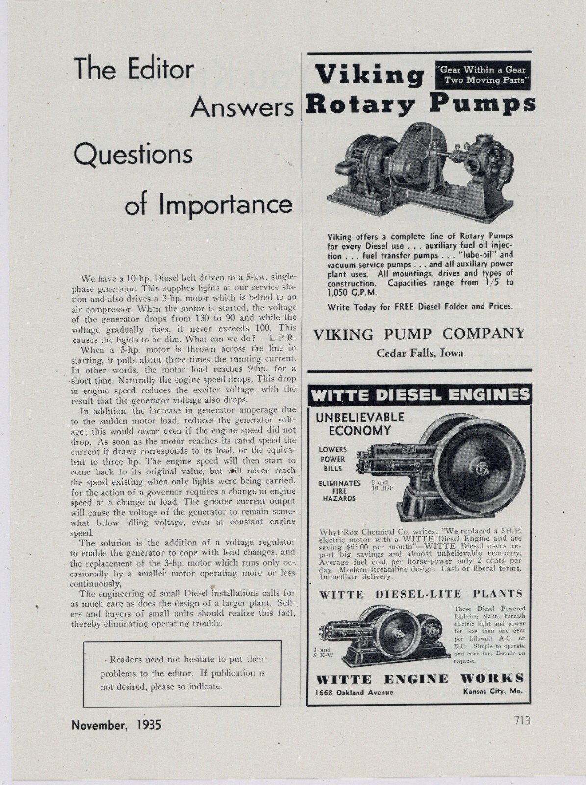 1935 Witte Engine Works, Kansas City, MO Ad: Whyt Rox Chemical Co. Diesel Engine