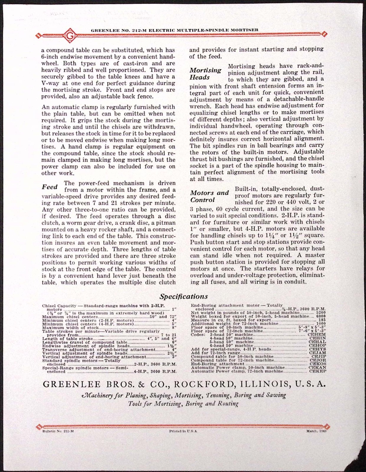 1954 Greenlee No.212-M Electric Multiple Spindle Mortiser Brochure Greenlee Bros