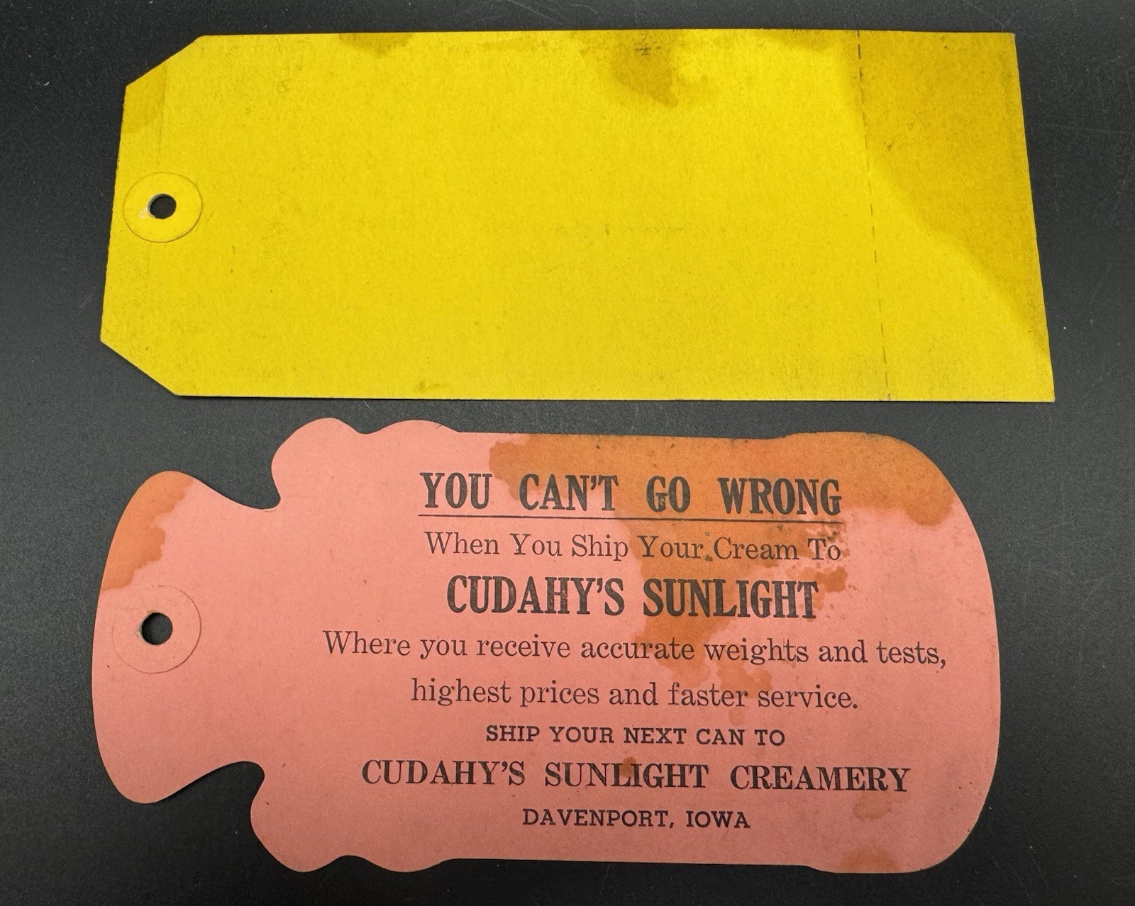Antique Dairy Farm Cream Galva Illinois Tags NOS Davenport Iowa Advertising