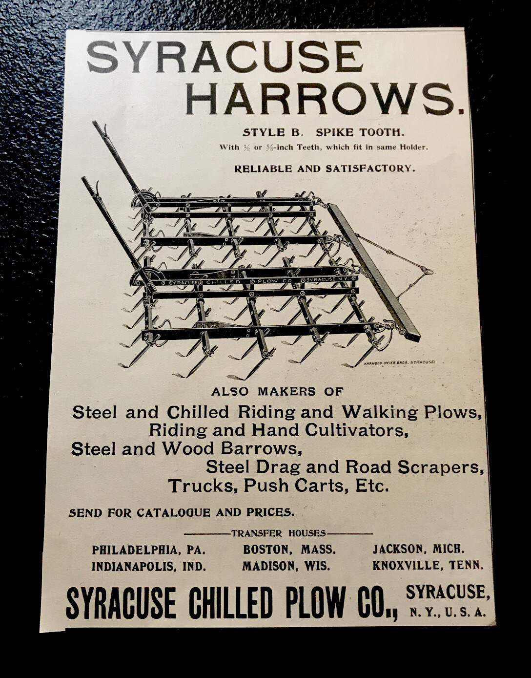 ORIGINAL 1897 Syracuse Chilled Plow Co. Farm Implement Advertising – New York