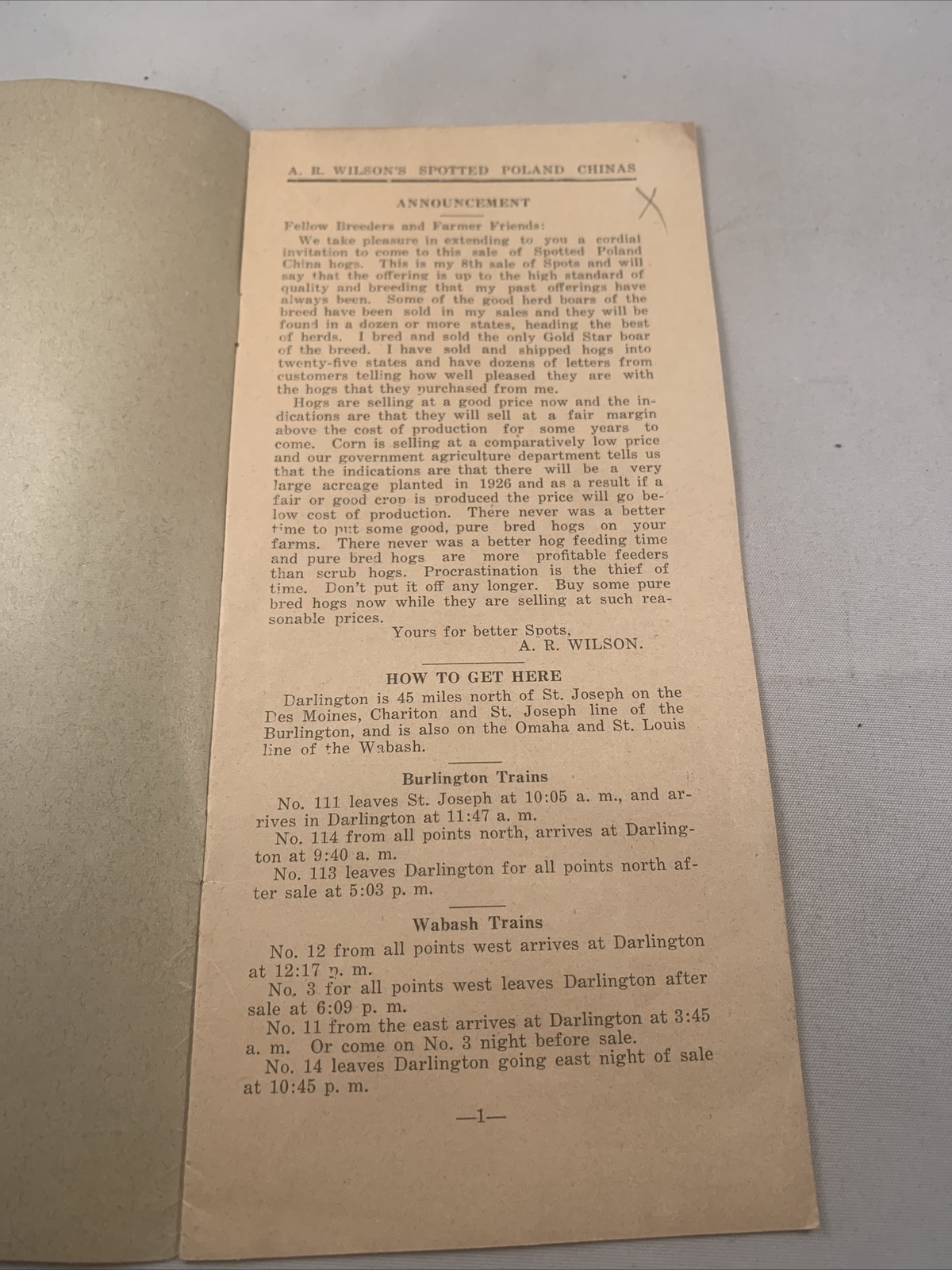 1925 Hog Sale Brochure Wilson’s Prolific Poland China Pig Farm Darlington MO