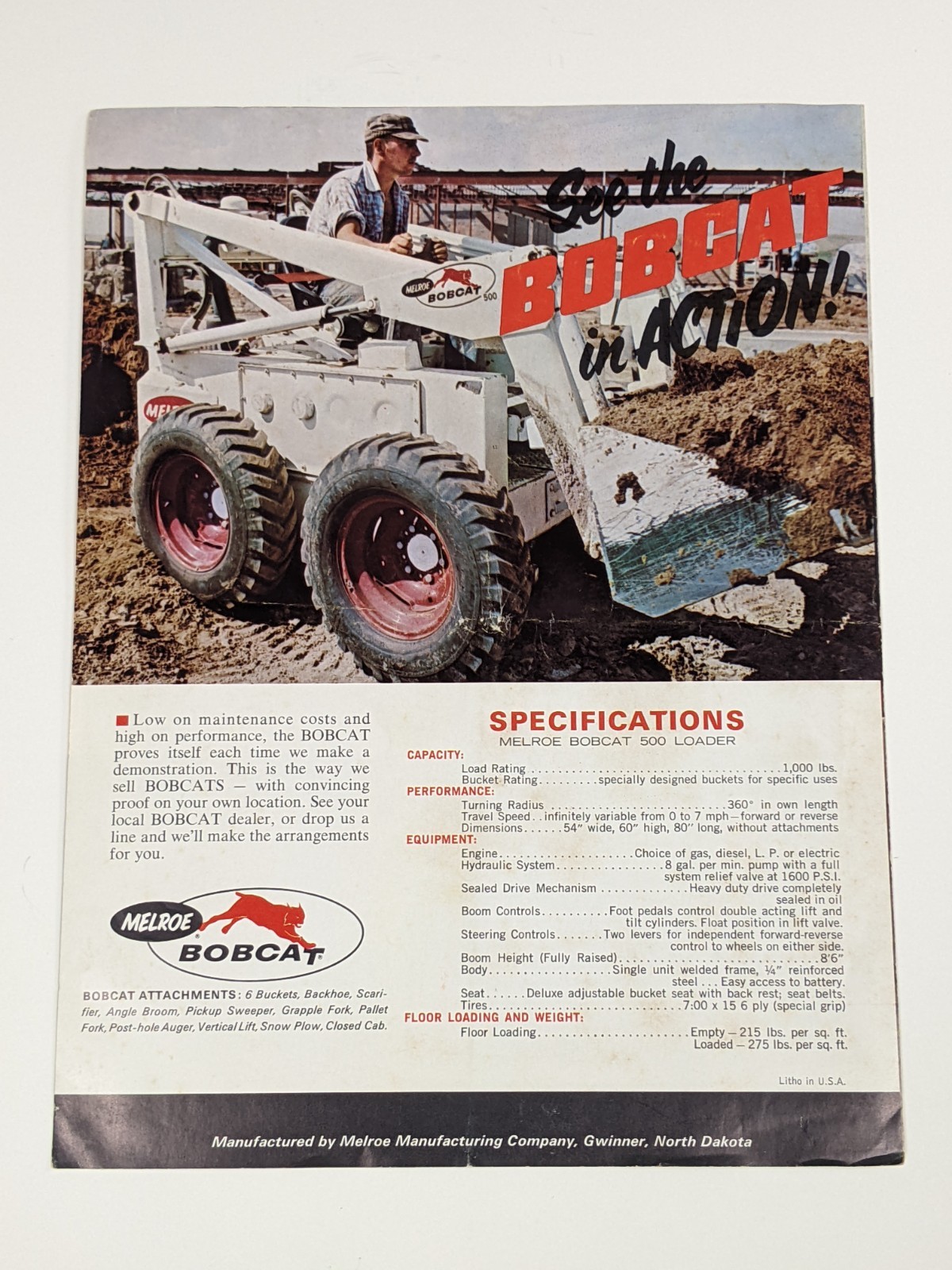 Vintage 1967 Melroe Bobcat Skid Steer Loader Sales Brochure 500 Specs Gwinner ND