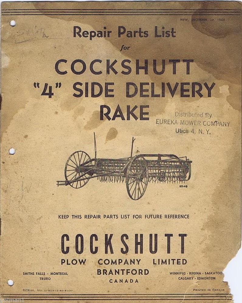 Repair Parts List for Cockshutt « 4 » Side Delivery Rake; 1948 Vintage