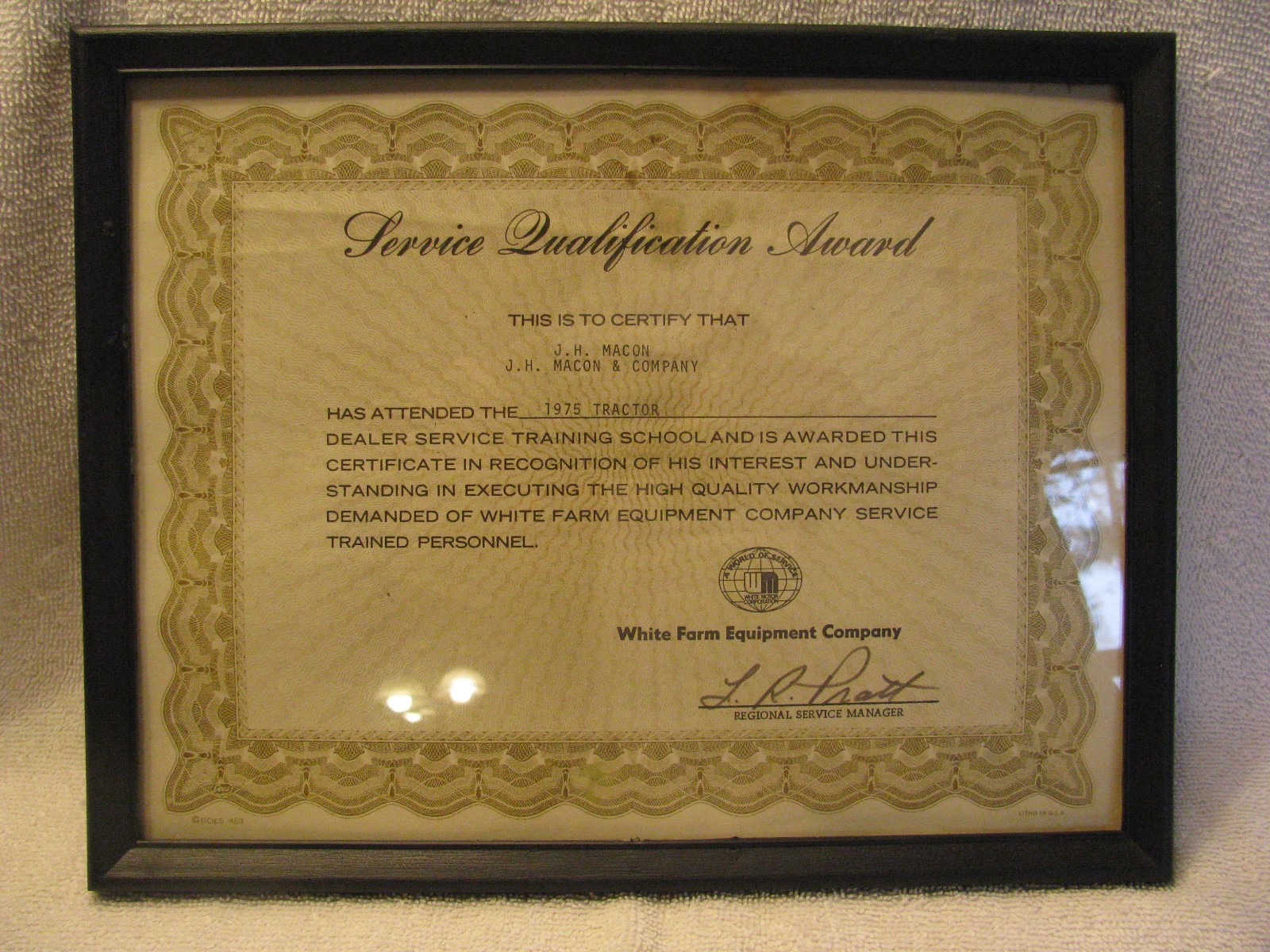 1975 WFE White Farm Equipment Tractor Service Qualification Award