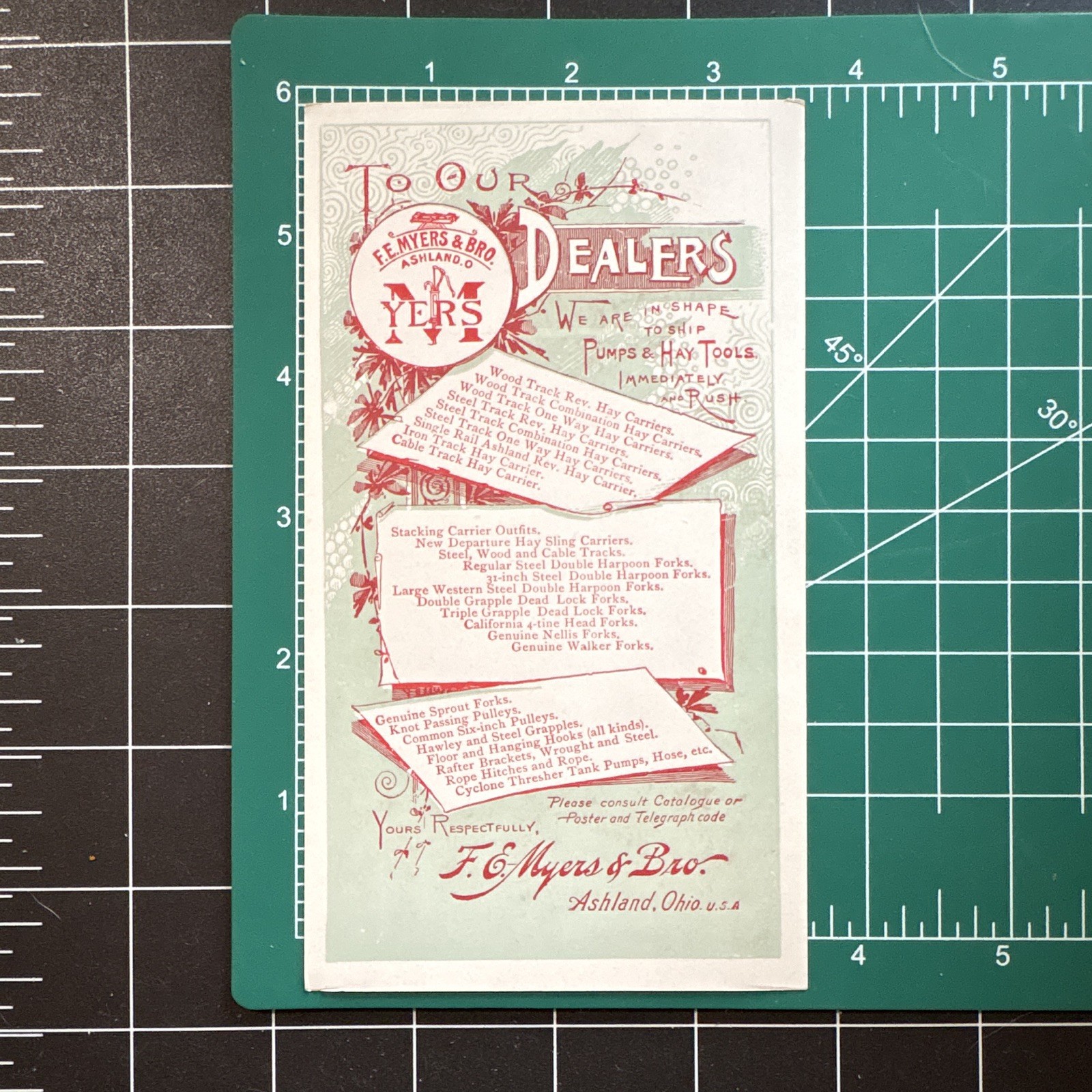 F. E. Myers & Bro. Agriculture Trade Card, Force & Lift Pumps 1897