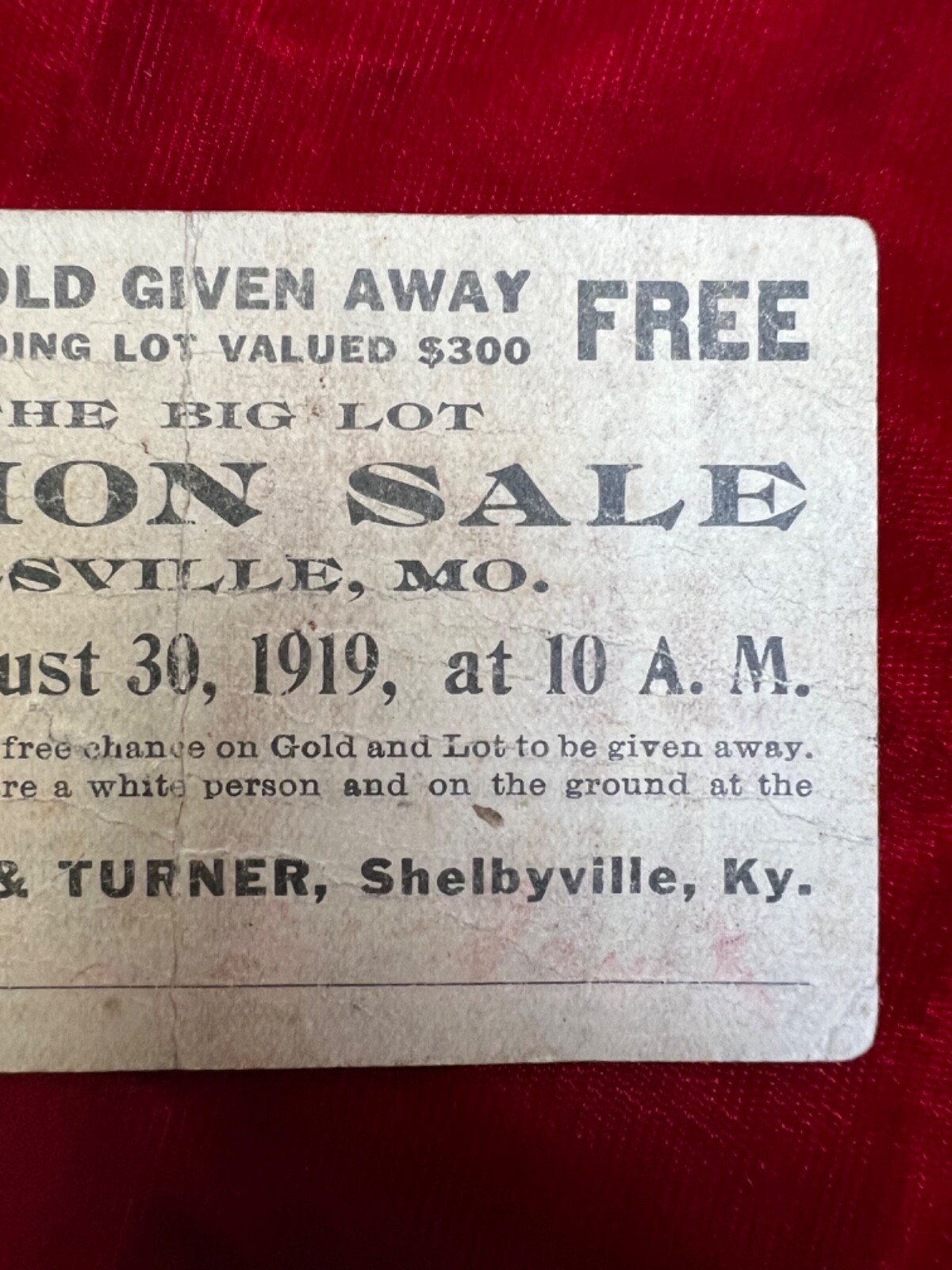 1919 August 30-Auction Advertising – Hallsville – Missouri Gold Giveaway Ticket