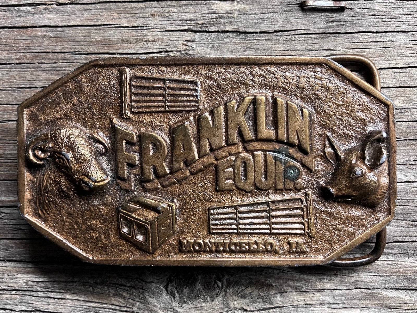 FRANKLIN EQUIPMENT Brass BELT BUCKLE 1983 Limited Edition Monticello, Iowa FARM