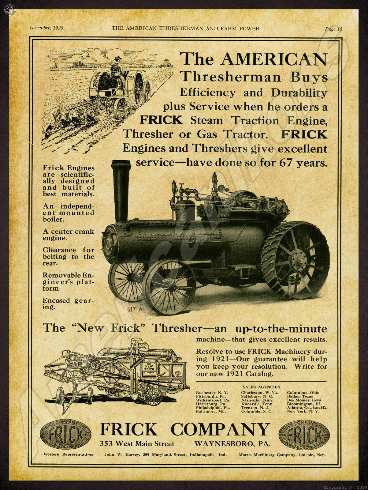 1920 Frick Company New Metal Sign: Frick Traction Engine & Thresher. Waynesboro